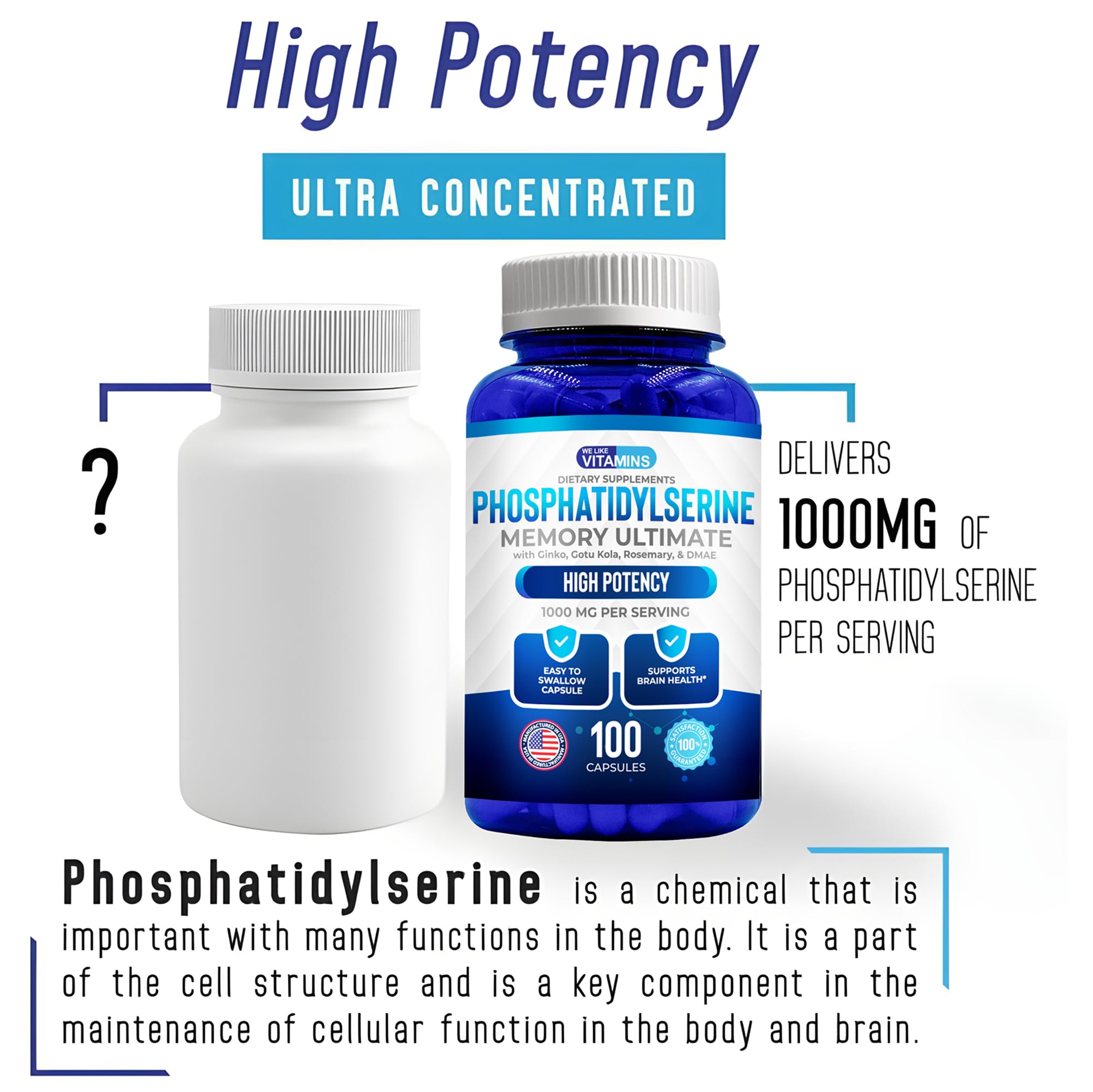 We Like Vitamins Phosphatidylserine Supplement with Gingko Biloba, Gotu Kola, DMAE - Improves Focus, Memory, Cognitive Function - Soy-Free 1000mg Memory Ultimate Complex - 100 Easy-to-Swallow Capsules We Like Vitamins Au supplements