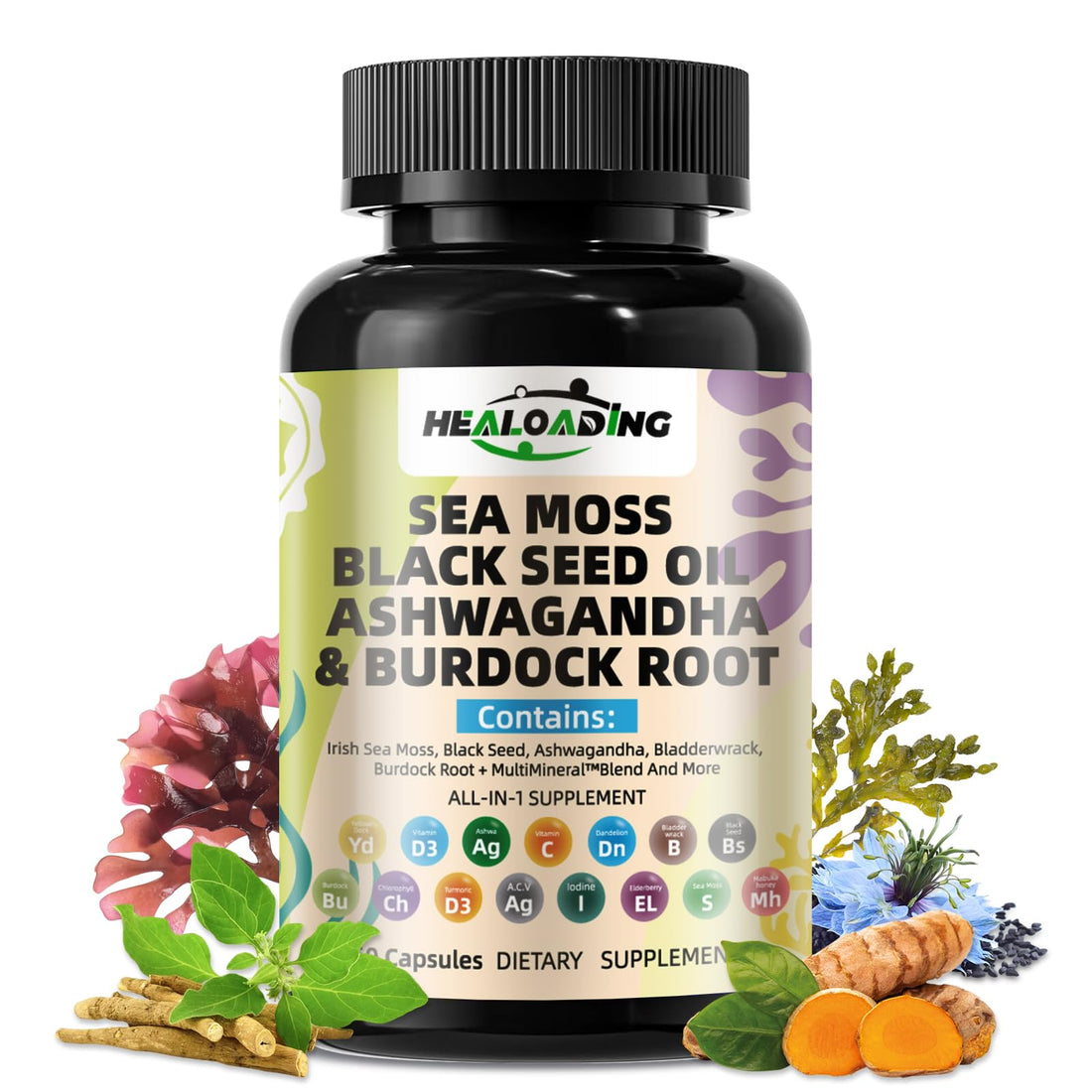 HEALOADING Sea Moss Capsules：Wildcrafted Organic Irish Seamoss & Bladderwack - Rich in Minerals, Supports Thyroid Health, Digestion, Skin & Immune System - Vegan, Non-GMO HEALOADING Au supplements