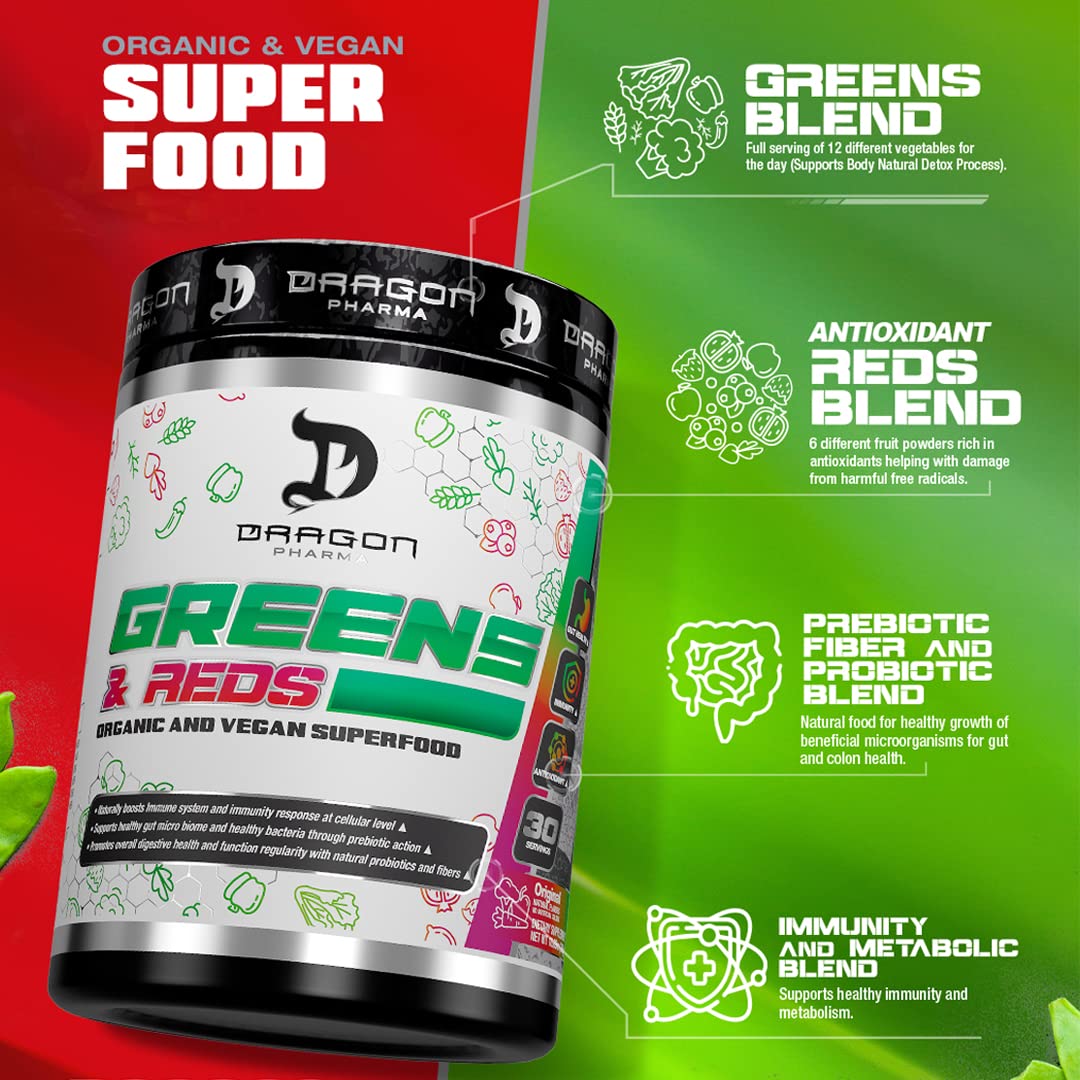 DRAGON PHARMA Greens and Reds, Over 23 Nutritious Superfoods, Reds and Vegetables, Optimal Health and Wellness (30 Servings, Original) DRAGON PHARMA Au supplements
