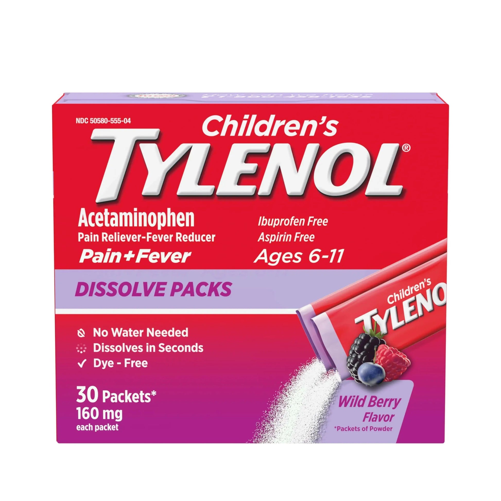 Children's Tylenol Dissolve Packs for Pain Relief, Fever Medication, 160 mg Acetaminophen, Dye Free, Kids' Powder Packets for Cold & Flu Symptom Relief; Wild Berry Flavor, 30 ct.; Pack of 1 Tylenol Au supplements