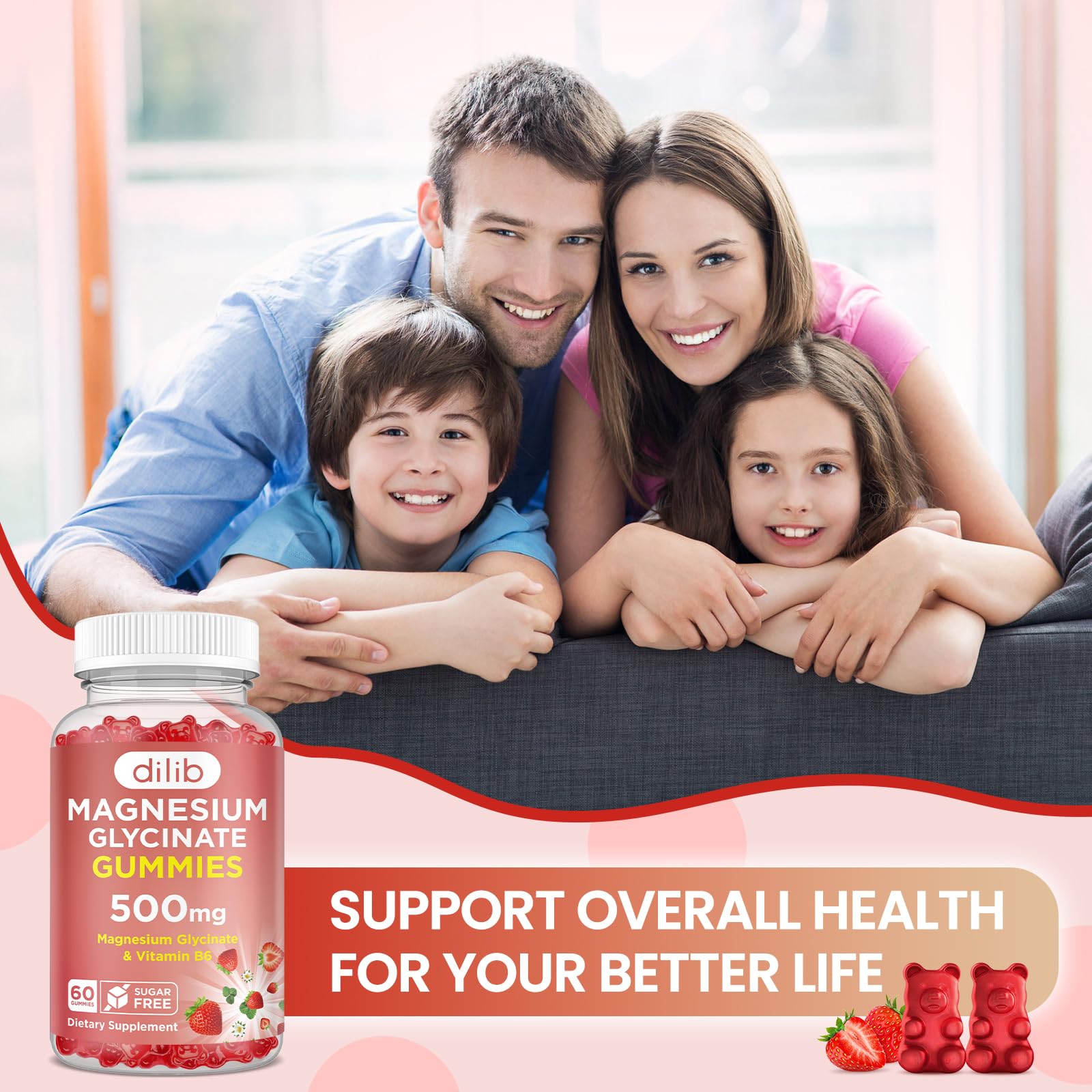 Magnesium Glycinate Gummies 500mg - Magnesium Supplement with Vitamin B6 for Adults & Magnesium for Kids - Calm Magnesium for Sleep, Mood, Muscle Support - Strawberry Flavor, 60 Gummies dilib Au supplements
