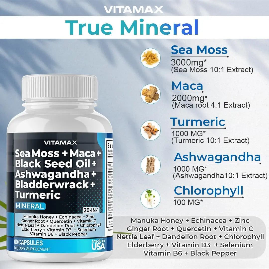 Sea Moss 3000mg Maca 1000mg Black Seed Oil 2000mg Ashwagandha 1000mg Bladderw Vitamax Au supplements