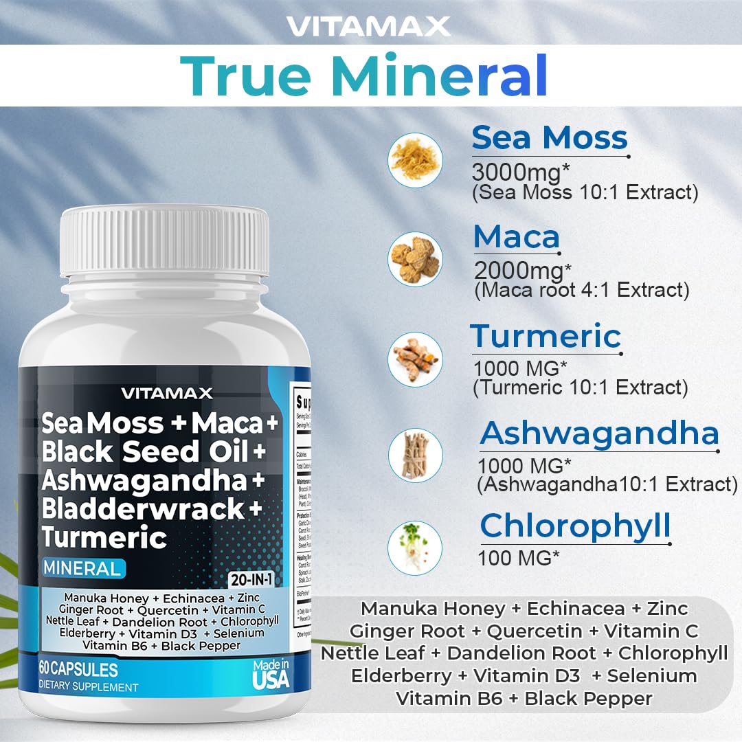 Sea Moss 3000mg Maca 1000mg Black Seed Oil 2000mg Ashwagandha 1000mg Bladderw Vitamax Au supplements