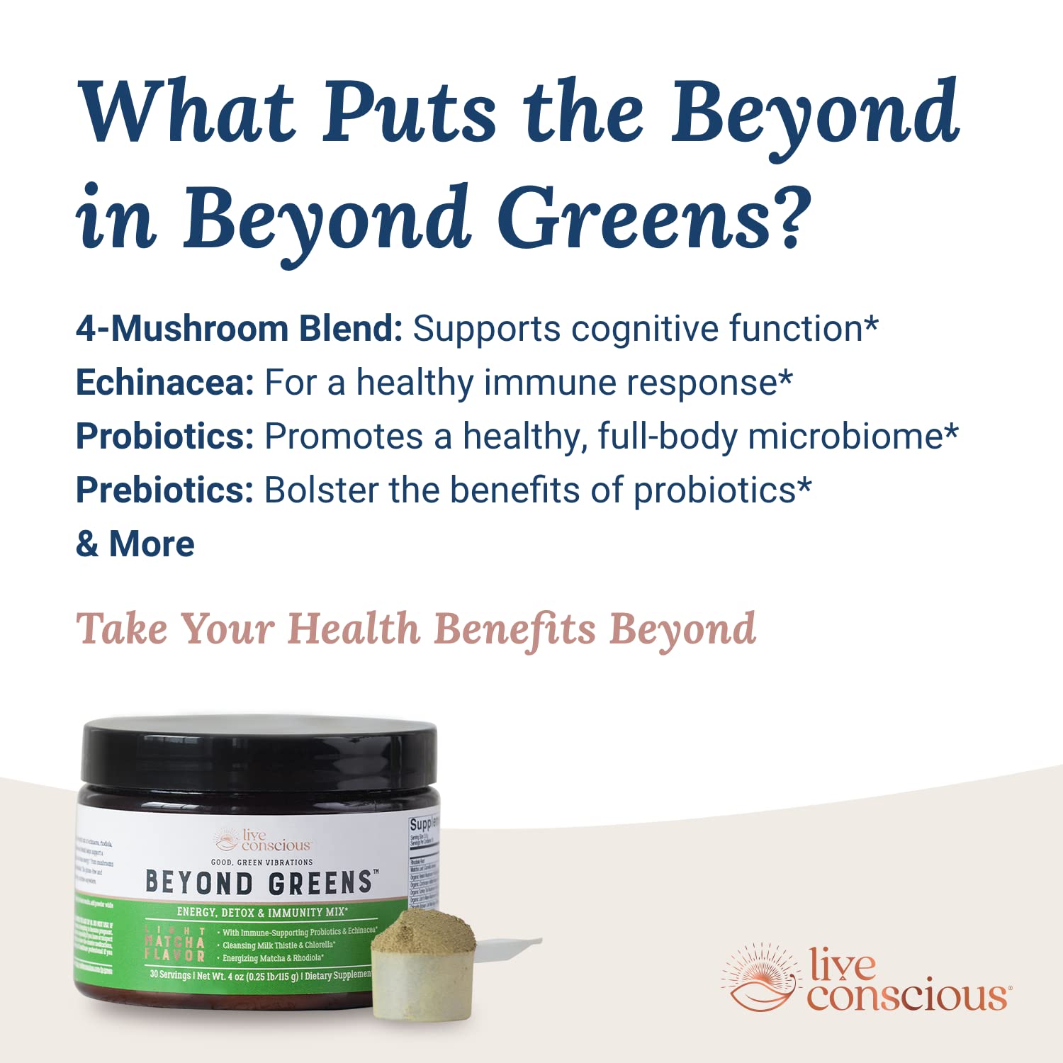 Live Conscious Beyond Greens Superfood Powder - Delicious Debloating Super Greens Powder - Matcha Greens Blend w/Chlorella, Echinacea, Probiotics for Immune Support & Energy Live Conscious Au supplements