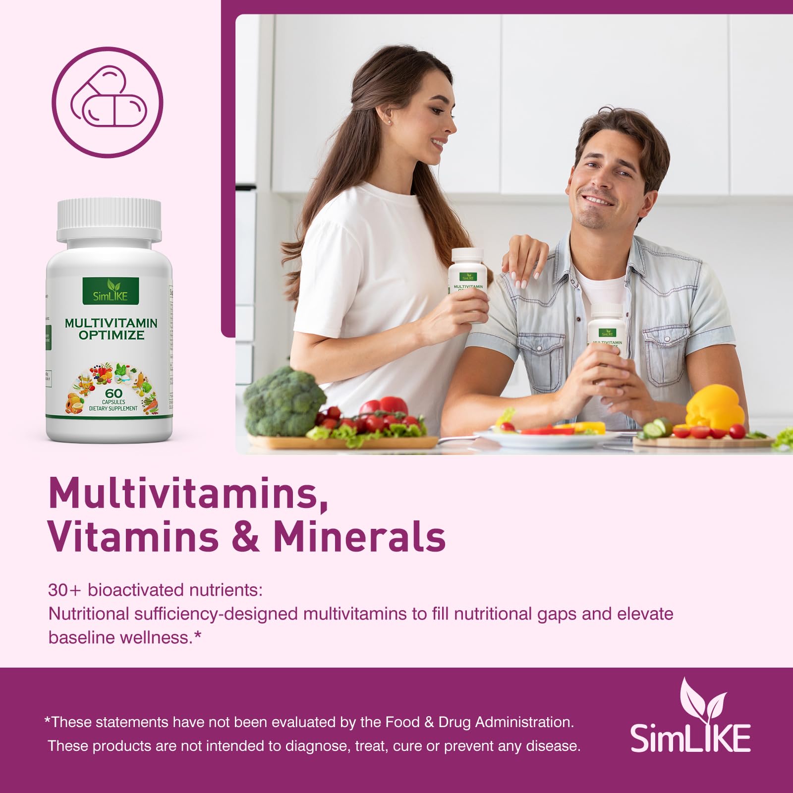 Methylated Multivitamin for Women, 30-in-1 Nutrients Formula with Inositol, CoQ10, Biotin, Zinc for Hair Health Support, Resveratrol, Vitamin C, Alpha Lipoic Acid for Skin Health Support, 60 Capsules Simlike Au supplements