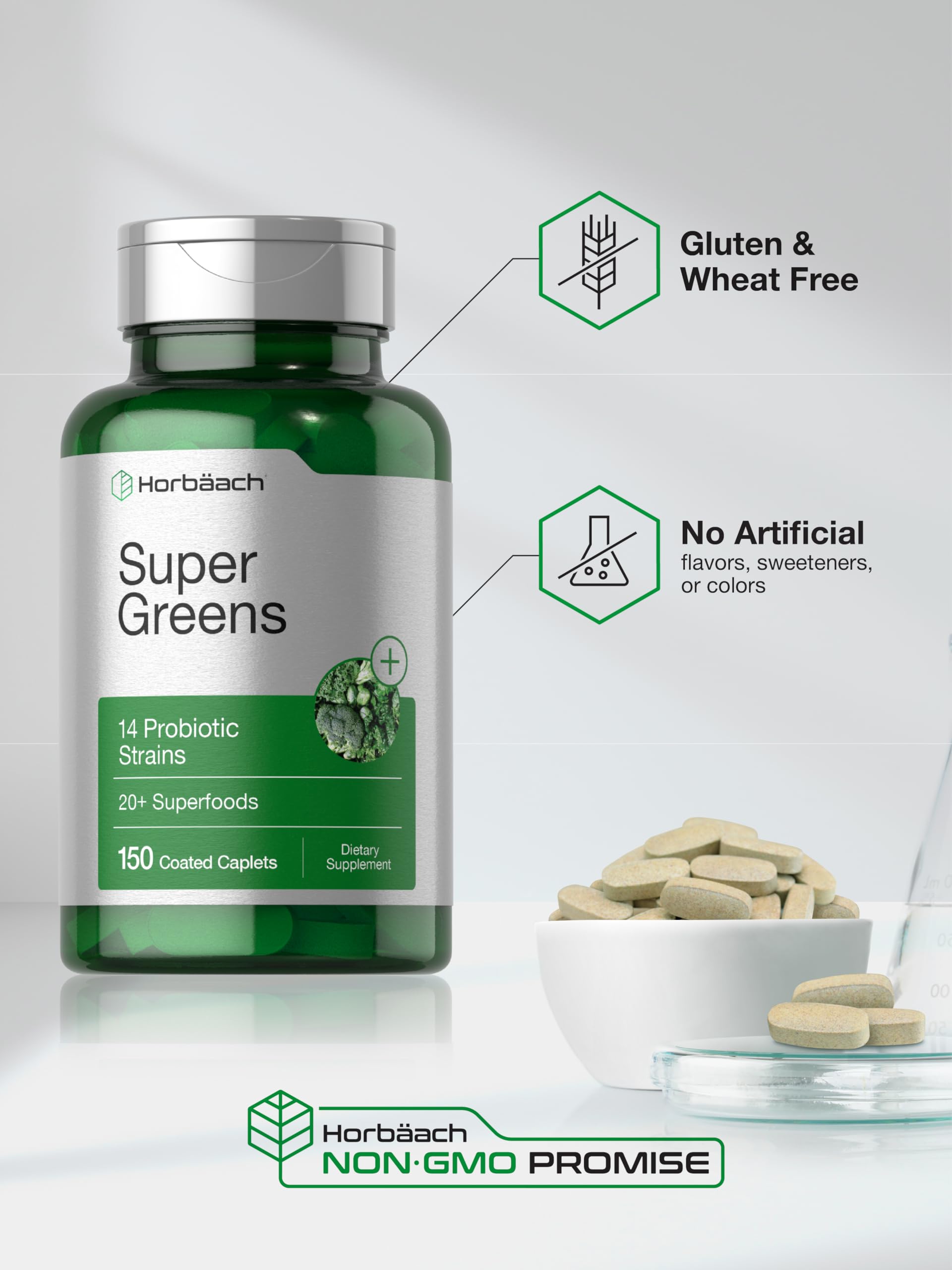 Horbäach Super Greens Supplement with Probiotics | 150 Caplets | Non-GMO, and Gluten Free Horbäach Au supplements