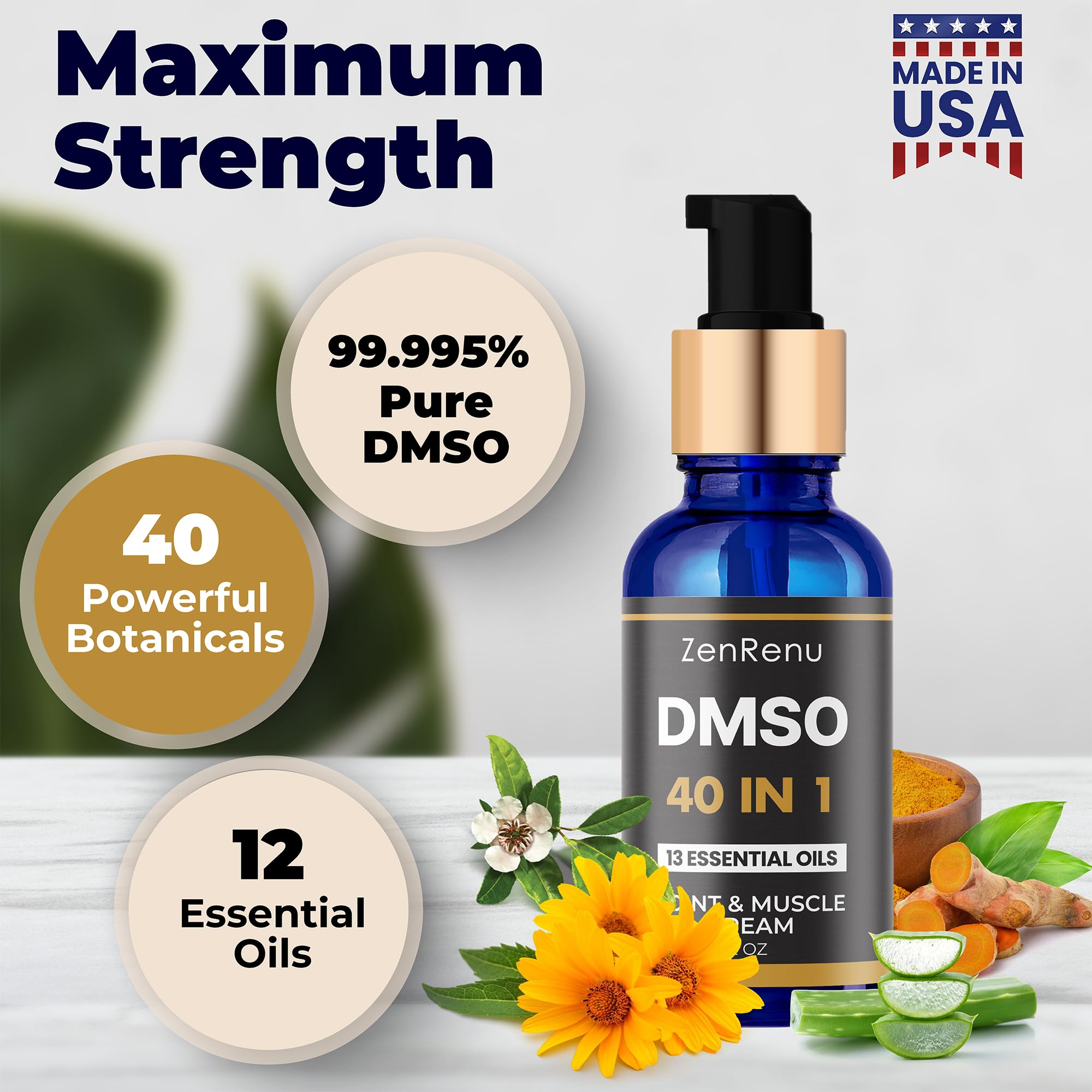 Zenrenu DMSO Cream 99.995% Pure Pharmaceutical Grade - 40-in-1 Advanced Formula -12 Essential Oils, Arnica, Aloe Vera, MSM - Fast-Absorbing Cream – 2 oz Glass Pump Bottle – Made in USA Zenrenu Au supplements