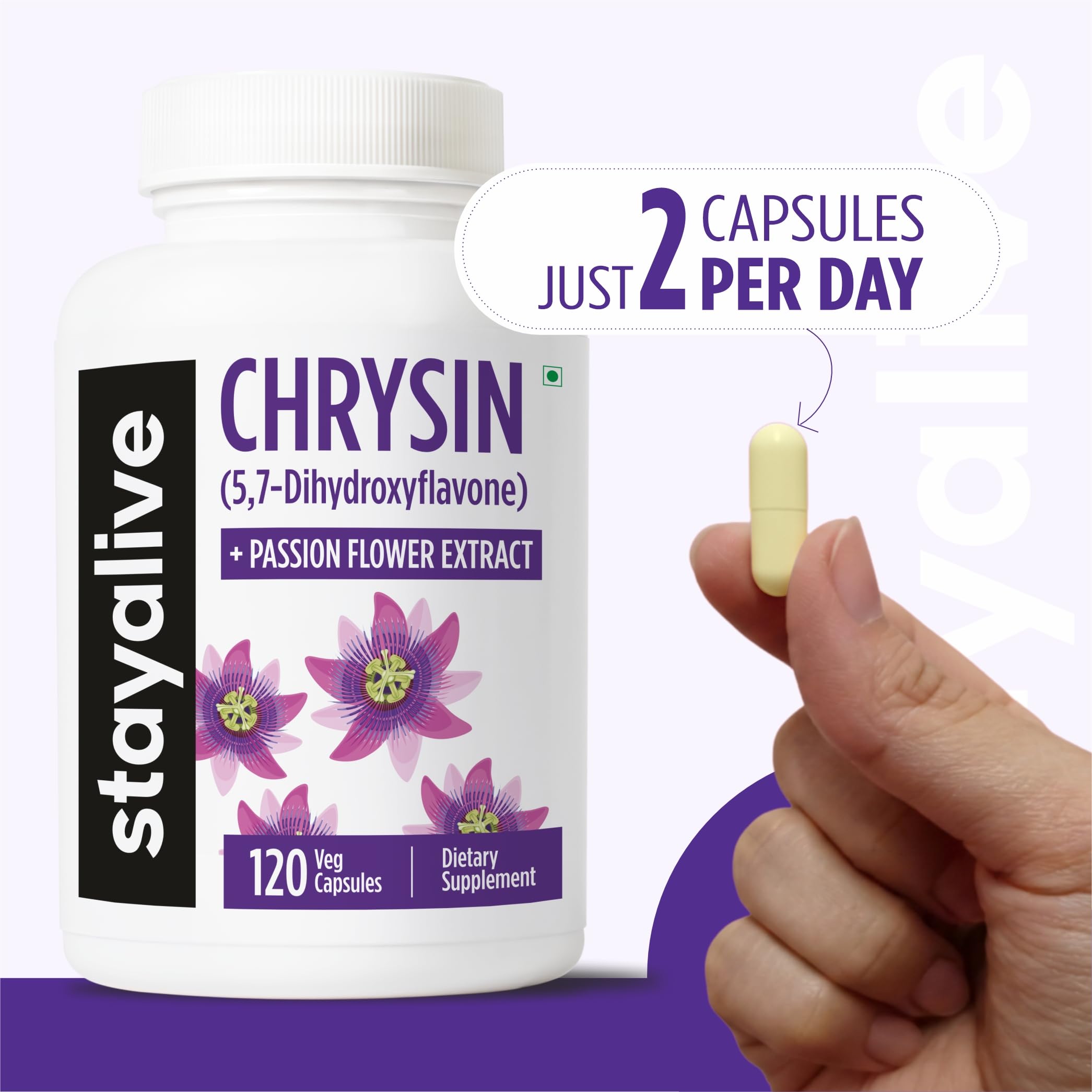 STAY ALIVE Chrysin Supplement 500mg & Passion Flower Extract Powder, 5,7-Dihydroxyflavone, Non-GMO and Gluten-Free Chrysin for Men and Women, 120 Capsules STAY ALIVE Au supplements