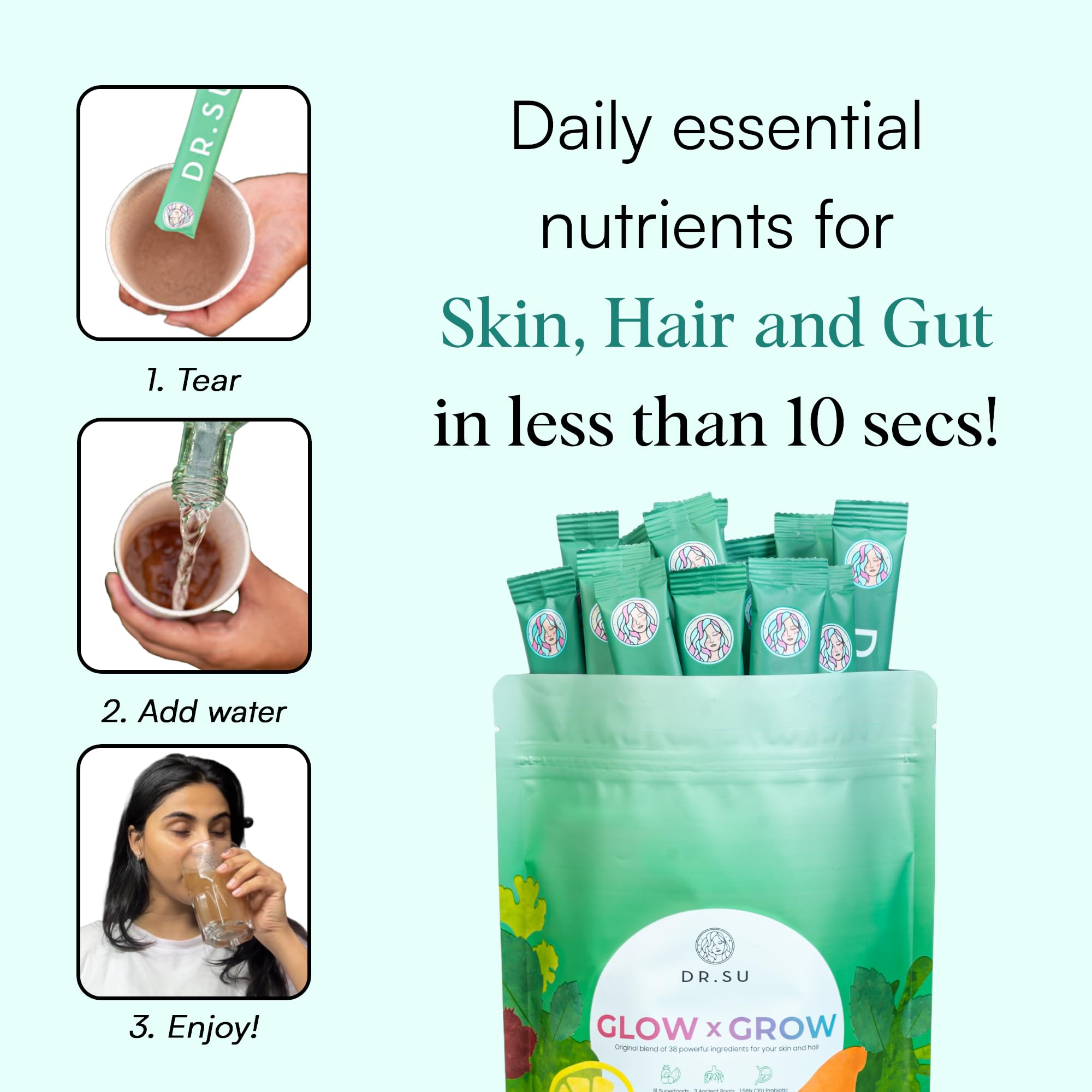 Dr.Su 6-in-1 Supplement Powder | Clear Skin, Strong Hair & Healthy Gut | with Vitamins, Minerals, Antioxidants, Probiotics, Fiber & Adaptogens | Lemon Mint | Sugar-Free | 30 Sachets | Unisex Dr.Su Au supplements
