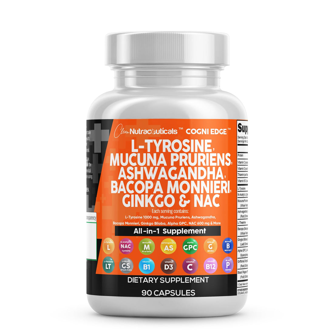 Clean Nutraceuticals L Tyrosine Mucuna Pruriens Bacopa Monnieri Ashwagandha Focus Supplement w/N-Acetyl Cysteine NAC 5-HTP Ginkgo Biloba Alpha GPC Vitamin C D B1 B12 Clean Nutraceuticals Au supplements