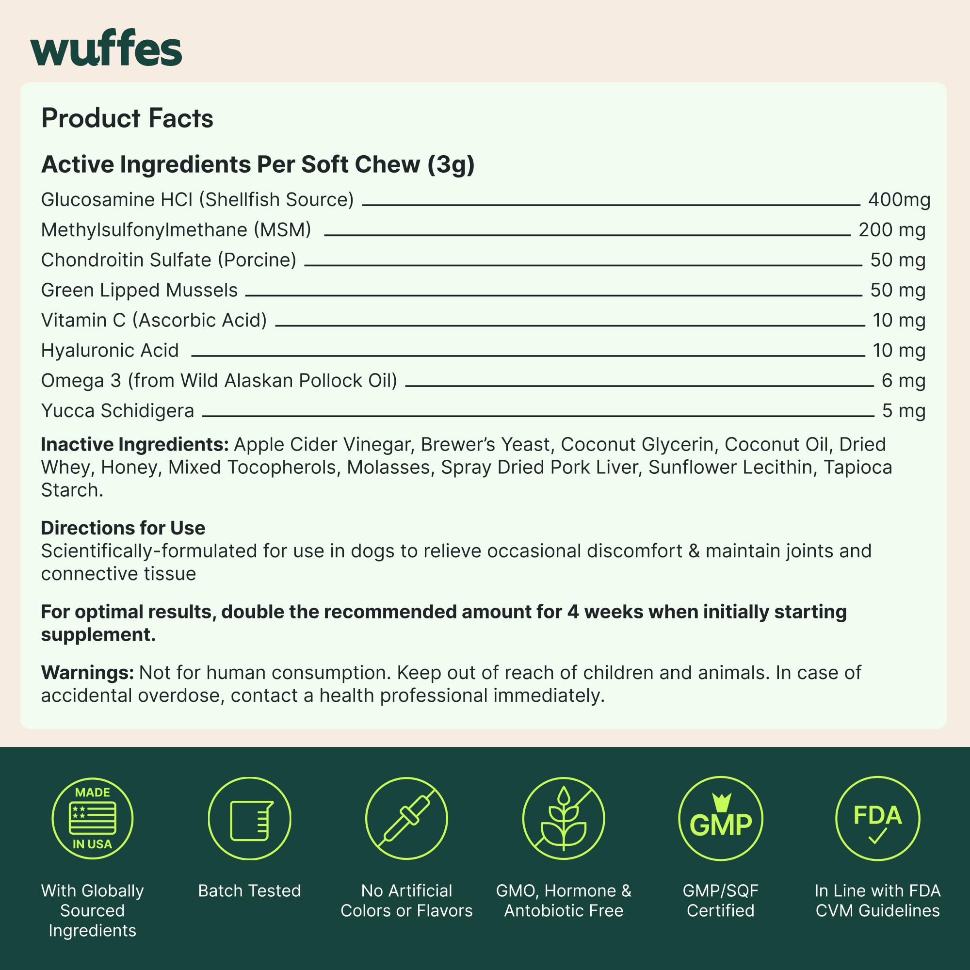 Wuffes Advanced Dog Hip and Joint Supplement with Glucosamine, Chondroitin, Omega 3, MSM, and Green Lipped Mussel, 60 Pork Flavored Chews for Small and Medium Dog Breeds Wuffes Au supplements