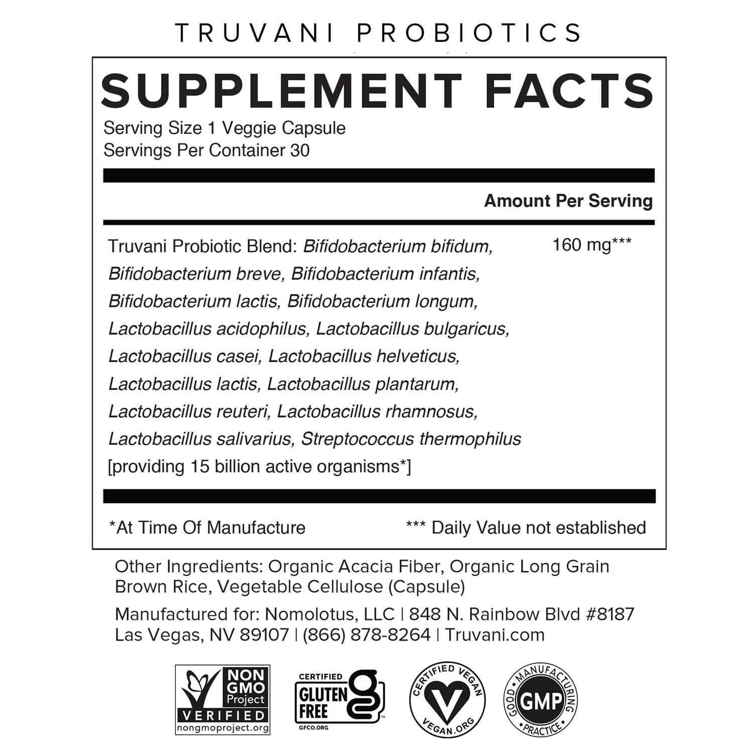 Truvani Probiotic Supplement | 30 Servings | 15 Billion CFU | 15 Diverse Strains for Digestive, Immune & Brain Health Support | Shelf-Stable Vegan Capsules | Non-GMO, No Fillers Truvani Au supplements