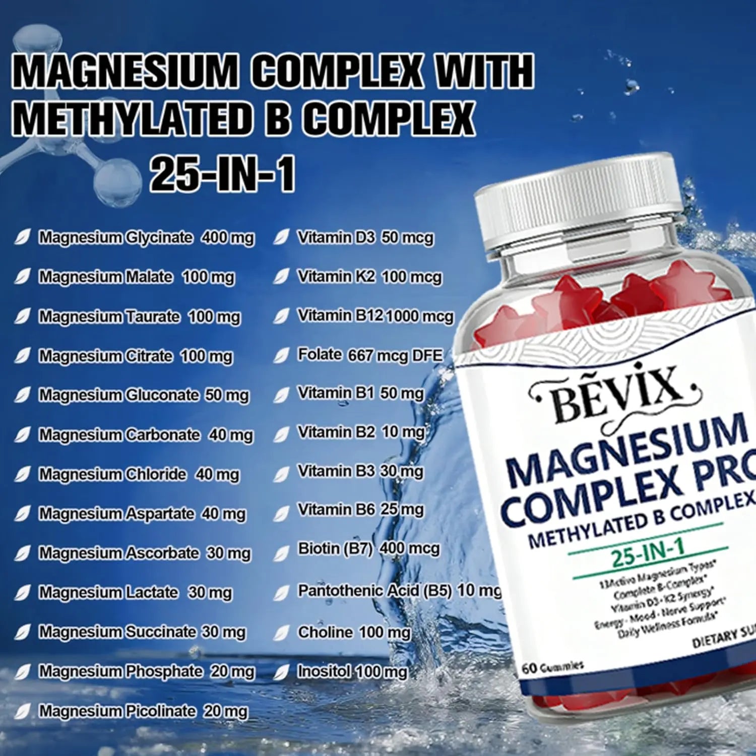 BEVIX Magnesium Complex Gummies with Methylated B Complex Magnesium Glycinate Citrate Malate Taurate Gluconate Aspartate Carbonate D3 K2, Magnesium for Relaxation Energy & Nerve, 60 Gummies BEVIX Au supplements