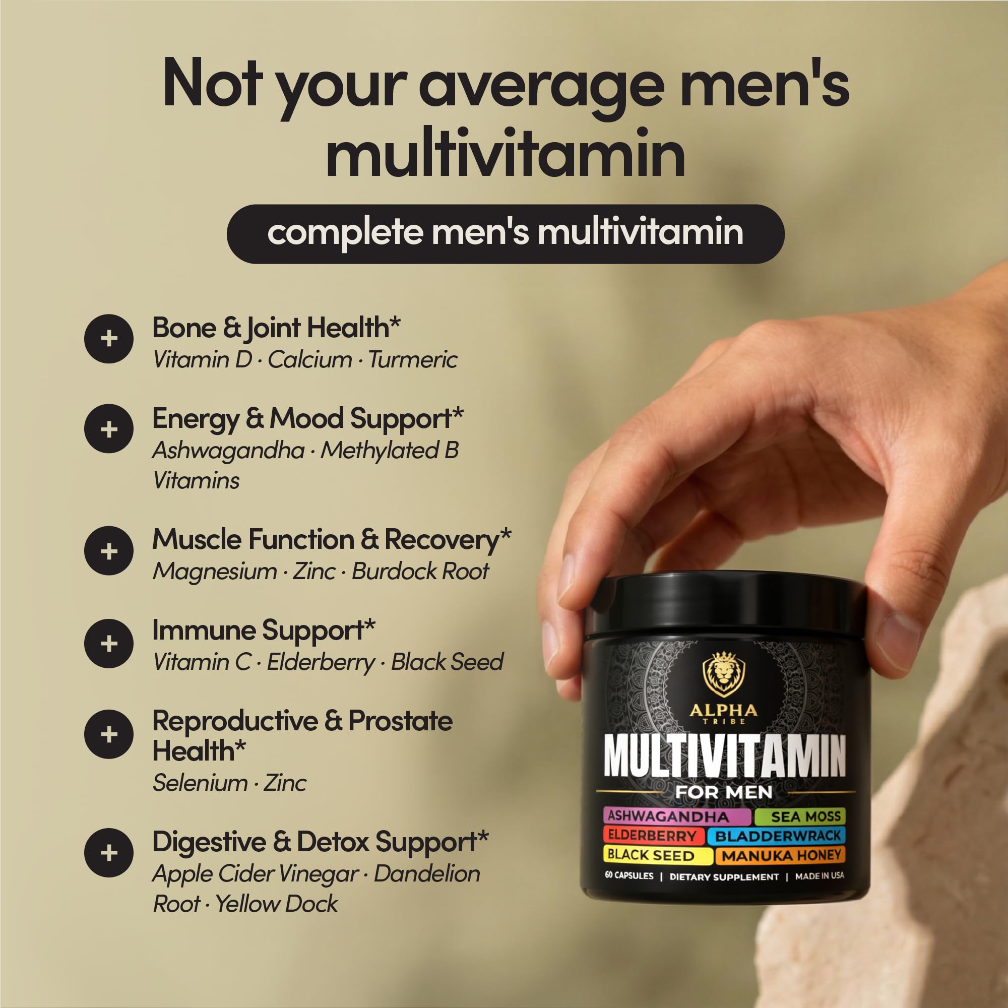 Alpha Tribe Multivitamin for Men with Seamoss Black Seed Oil Ashwagandha Burdock Root, Turmeric Bladderwrack, Vitamin C, Elderberry, Manuka, Yellow Dock | Daily Men's Vitamins and Minerals Supplement Alpha Tribe Au supplements