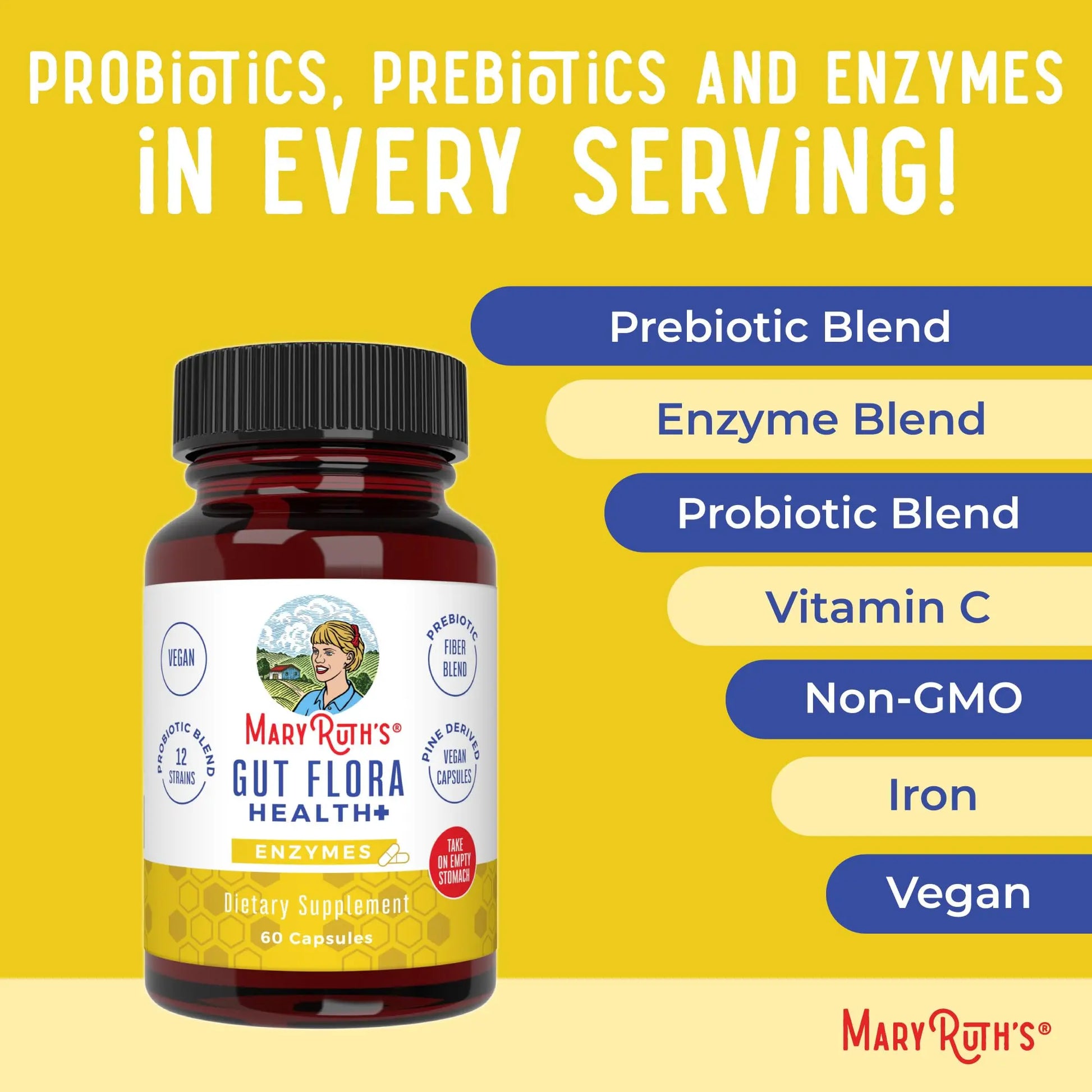 MaryRuth Organics Gut Flora Health+ Enzymes | Up to 2 Month Supply | Prebiotic Probiotic Digestive Enzymes Blend for Healthy Gut Biome & Digestive Support | Gastrointestinal Health | 60 Capsules MARYRUTH'S Au supplements