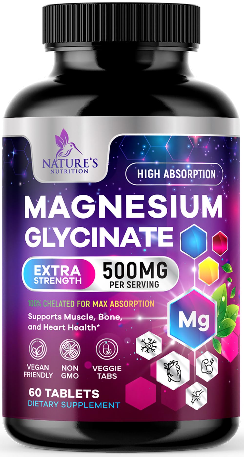 Magnesium Glycinate Supplement - 500mg Magnesium Per Serving - 100% Chelated & Purified - Supports Sleep, Heart Health, & Muscle Strength - Best Absorption Magnesium, Bottled in USA - 60 Tablets Nature's Nutrition Au supplements