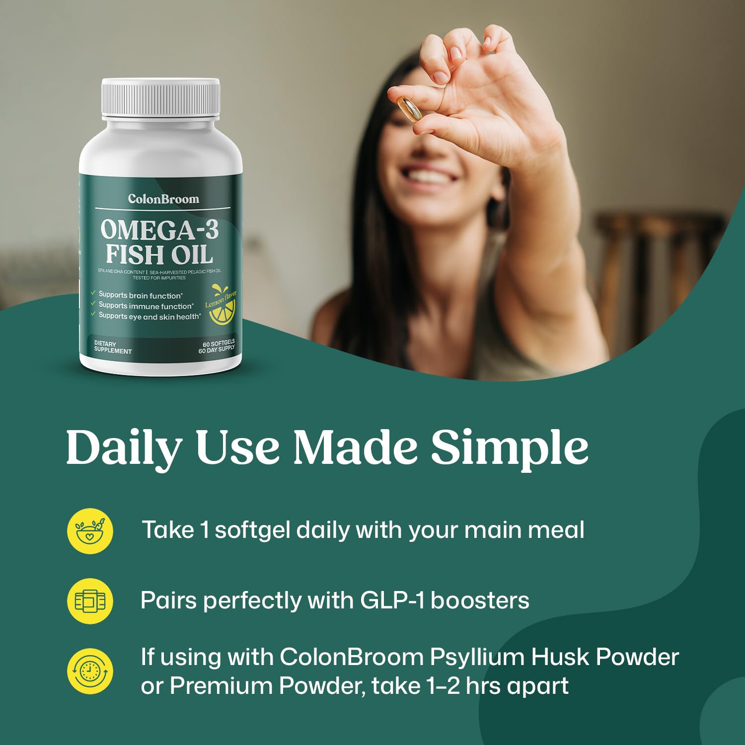 ColonBroom Omega 3 Fish Oil 2640 mg Softgels | Lemon Flavor | Daily Fish Oil Omega-3 Supplement for Women & Men with EPA & DHA | Gluten-Free, Non-GMO, Natural (60 Softgels, 2 Month Supply) ColonBroom Au supplements