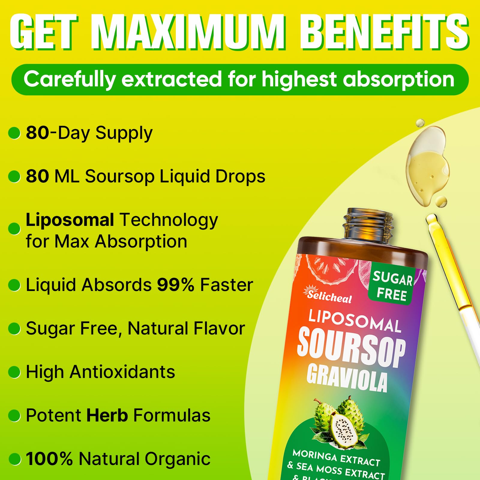 (80ML) Supplement Liquid Drops, 10 in 1 Soursop Multivitamin Drops with Leaf Extract & Sea Moss, for Cell Support & Regeneration, Immunity, Gut, Zzz, Skin & Antioxidant | 2.8 Fl Oz - 80 Days Supply Selicheal Au supplements