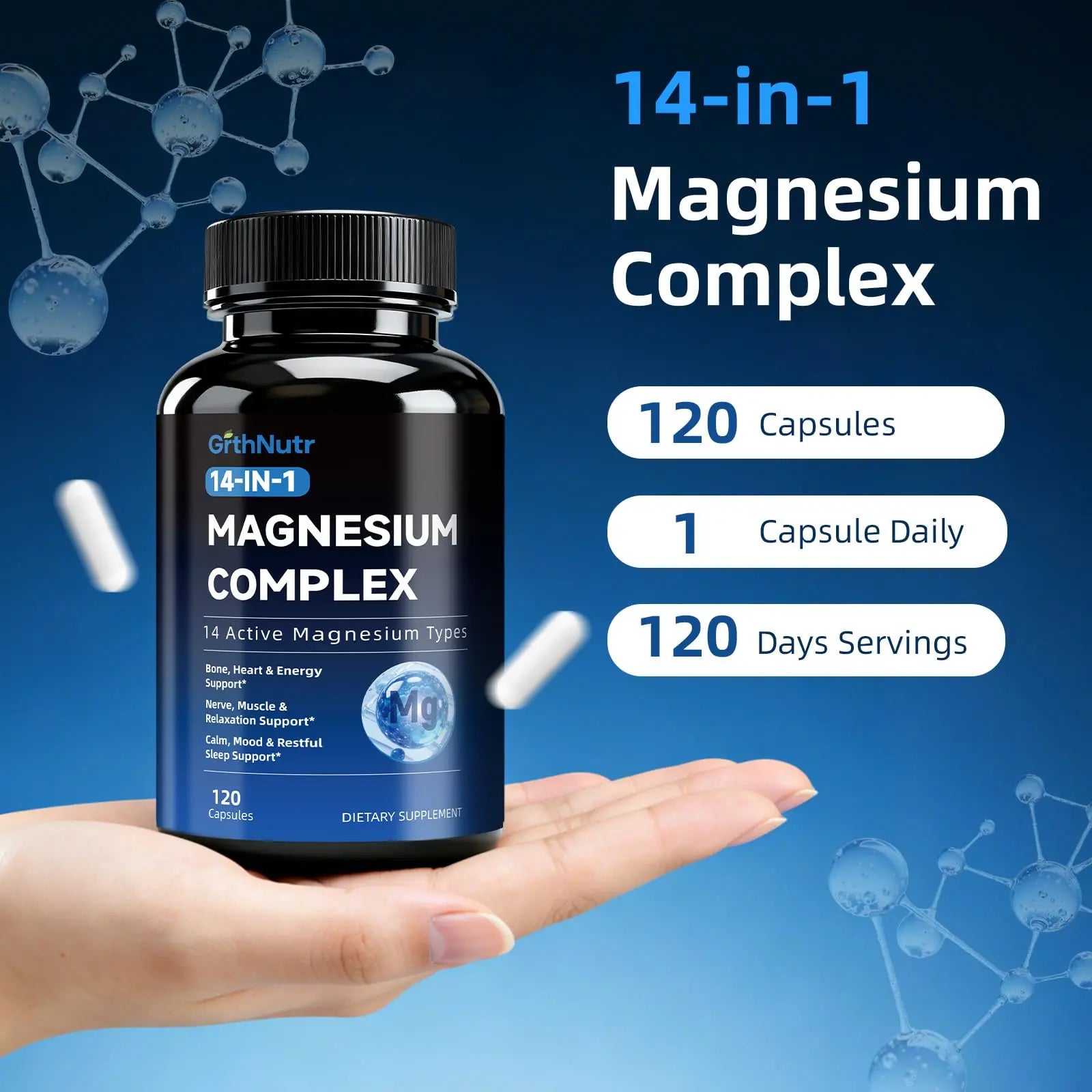 14-in-1 Magnesium Complex Supplement, 1200mg Elemental Magnesium Glycinate, Citrate, Malate, Taurate - Magnesium Complex for Women Nerves, Bone & Heart Health | Non-GMO GrthNutr Au supplements
