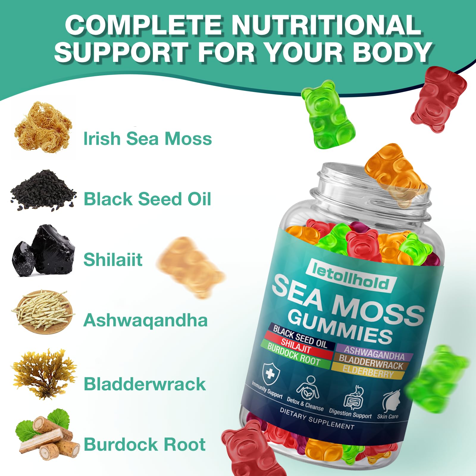 Sea Moss Gummies - Irish Sea Moss Gummies Advanced for Adults with Ashwagandha Bladderwrack & Burdock Root for Supports Immune，Energy - 60 Vegan Gummy,5PCS letollhold Au supplements