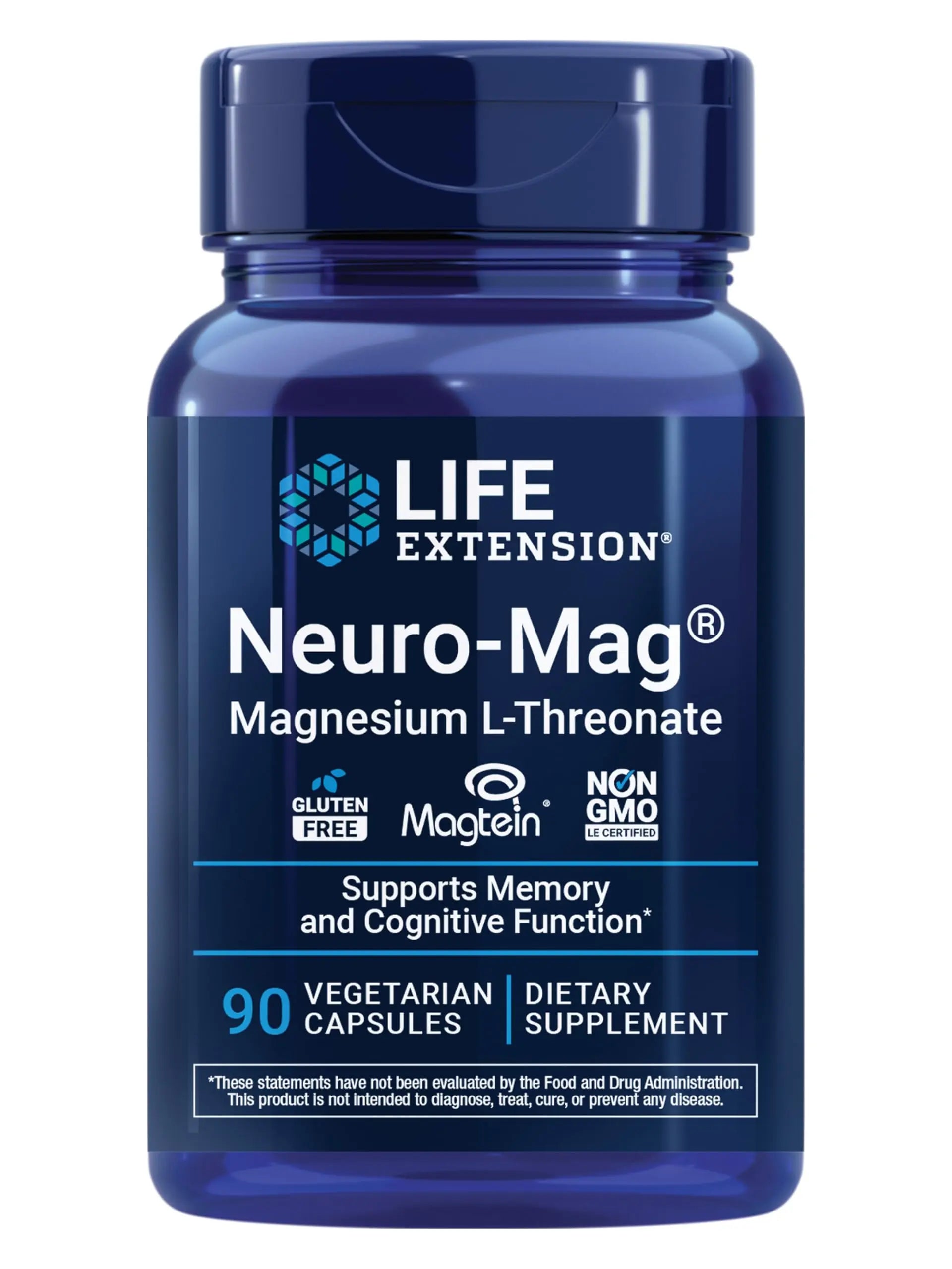 Life Extension Neuro-Mag Magnesium L-Threonate, Memory Health, Quick Thinking, Cognitive Health Support, Vegetarian, Non-GMO, 90 Vegetarian Capsules (144 mg from 2000 mg Magtein magnesium L-threonate Life Extension Au supplements