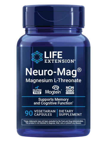 Life Extension Neuro-Mag Magnesium L-Threonate, Memory Health, Quick Thinking, Cognitive Health Support, Vegetarian, Non-GMO, 90 Vegetarian Capsules (144 mg from 2000 mg Magtein magnesium L-threonate Life Extension Au supplements