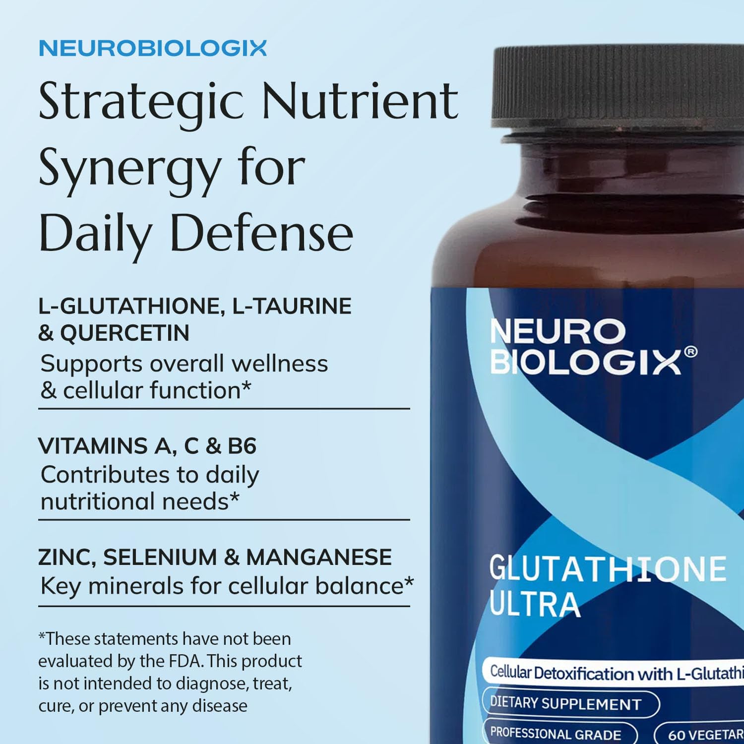 Neurobiologix Glutathione Ultra, L-Glutathione Antioxidant Complex with Vitamin C, A, B2, B6, Zinc, Selenium, Manganese, Taurine & Quercetin for Cellular Health, Gluten Free, 60 Vegetarian Capsules Neurobiologix Au supplements