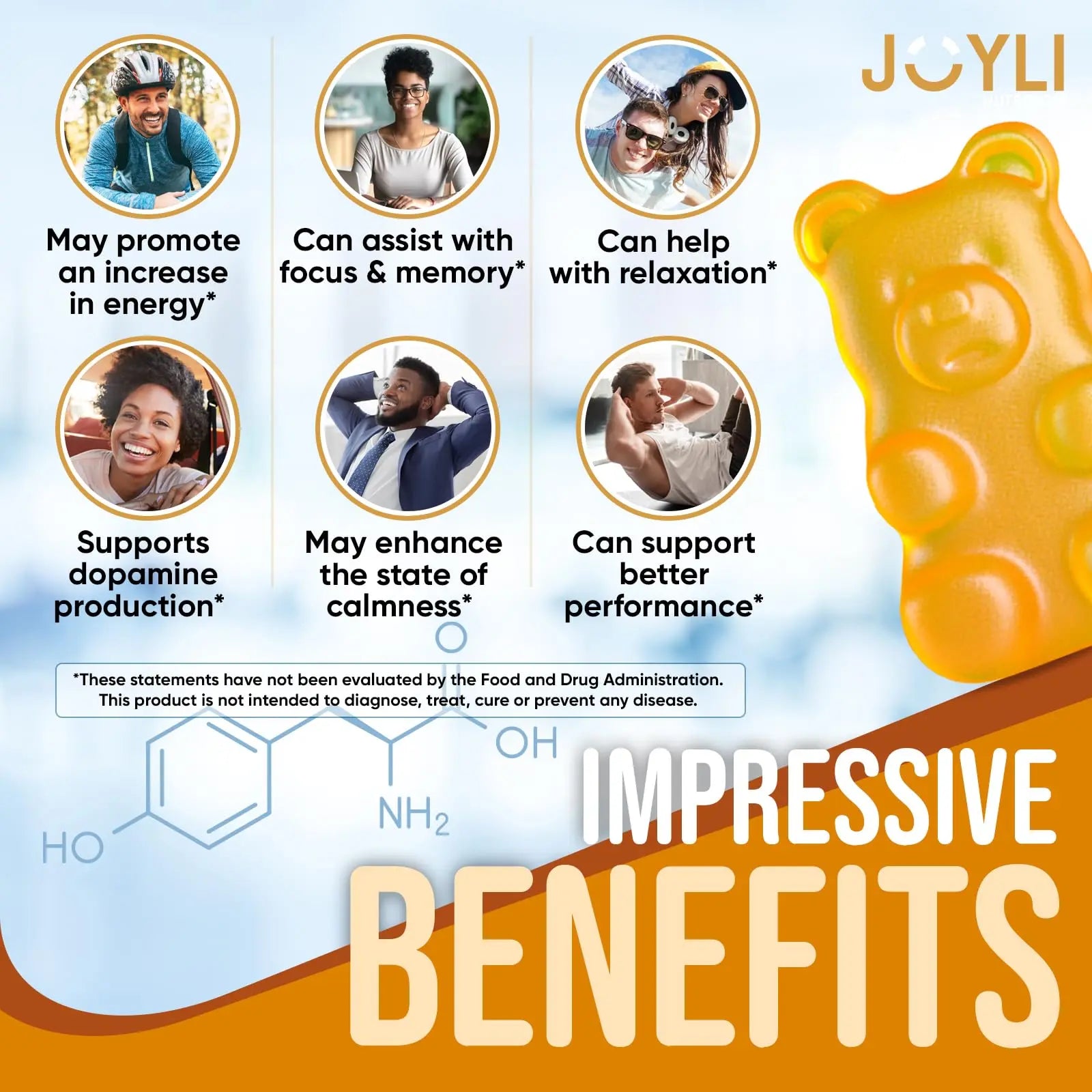 Joyli L Tyrosine Gummies 1000MG - L-Tyrosine Supplement for Kids & Adults - Calm & Focus Gummies for Brain, Memory, Mood, and Energy - 500mg L- Tyrosine Powder per Gummy - Vegan, Gluten-Free JOYLI Nutrition Au supplements