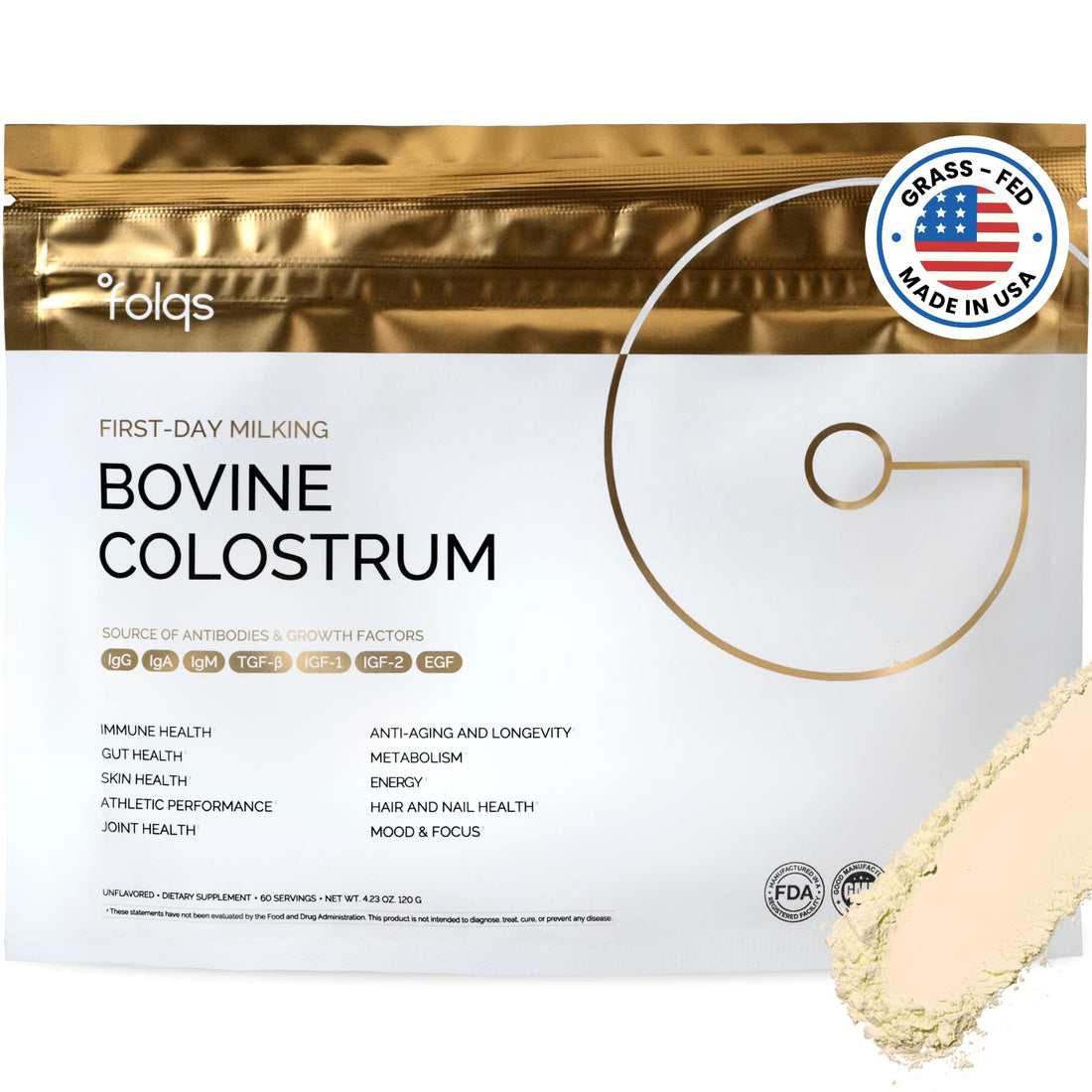 Folqs Bovine Colostrum Powder – First-Day Milking for Immune & Gut Support – 60 Servings – Supports Skin & Tissue Health – Made in USA - Amino Acids, Vitamins, Minerals – Kosher - Sustainably Sourced Folqs Au supplements