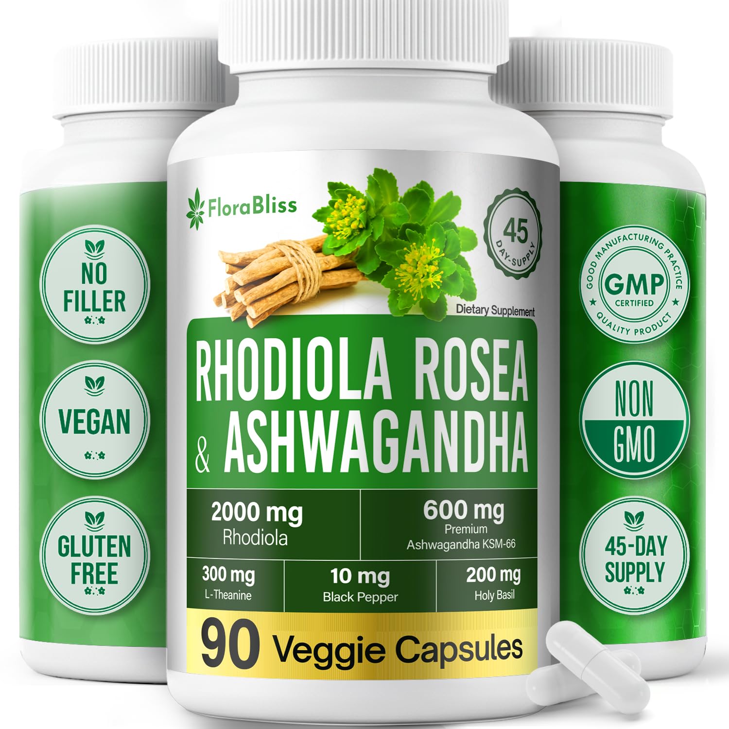 FloraBliss Rhodiola Rosea with Ashwagandha KSM-66, L-Theanine, Holy Basil & Black Pepper - 90 High Potency Vegan Capsules - 45-Day Supply FloraBliss Au supplements