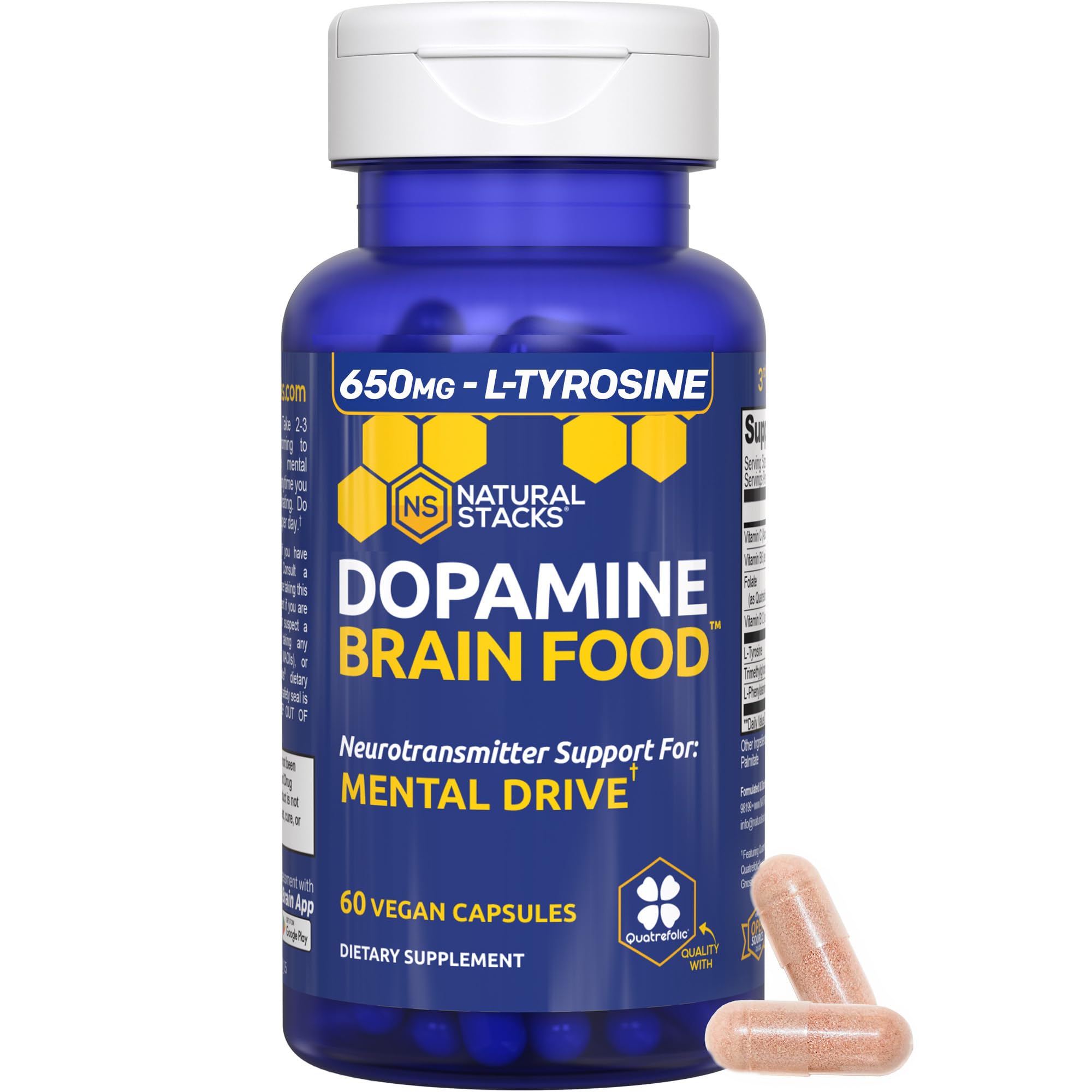 NATURAL STACKS Dopamine Brain Food - 650mg L-Tyrosine Supplement - Dopamine Supplement for Focus & Mental Drive - Supports Mental Energy - Neurotransmitter Support with B Vitamins - 60 Capsules NATURAL STACKS Au supplements