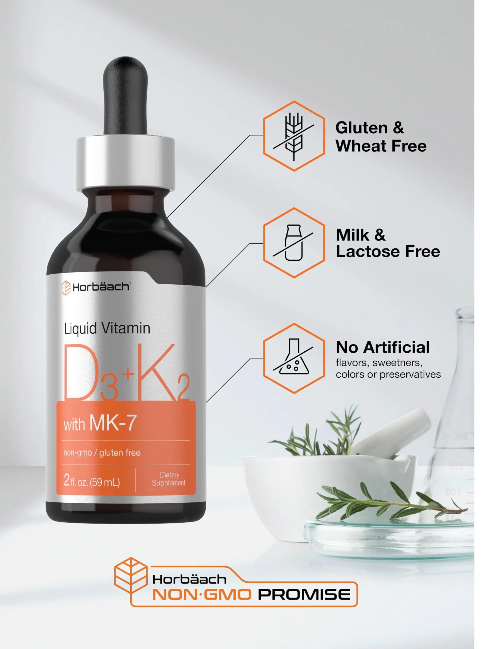 Horbäach Vitamin D3 + K2 Liquid Drops | with MK7 | 2 Fl Oz | Vegetarian | Non-GMO Horbäach Au supplements