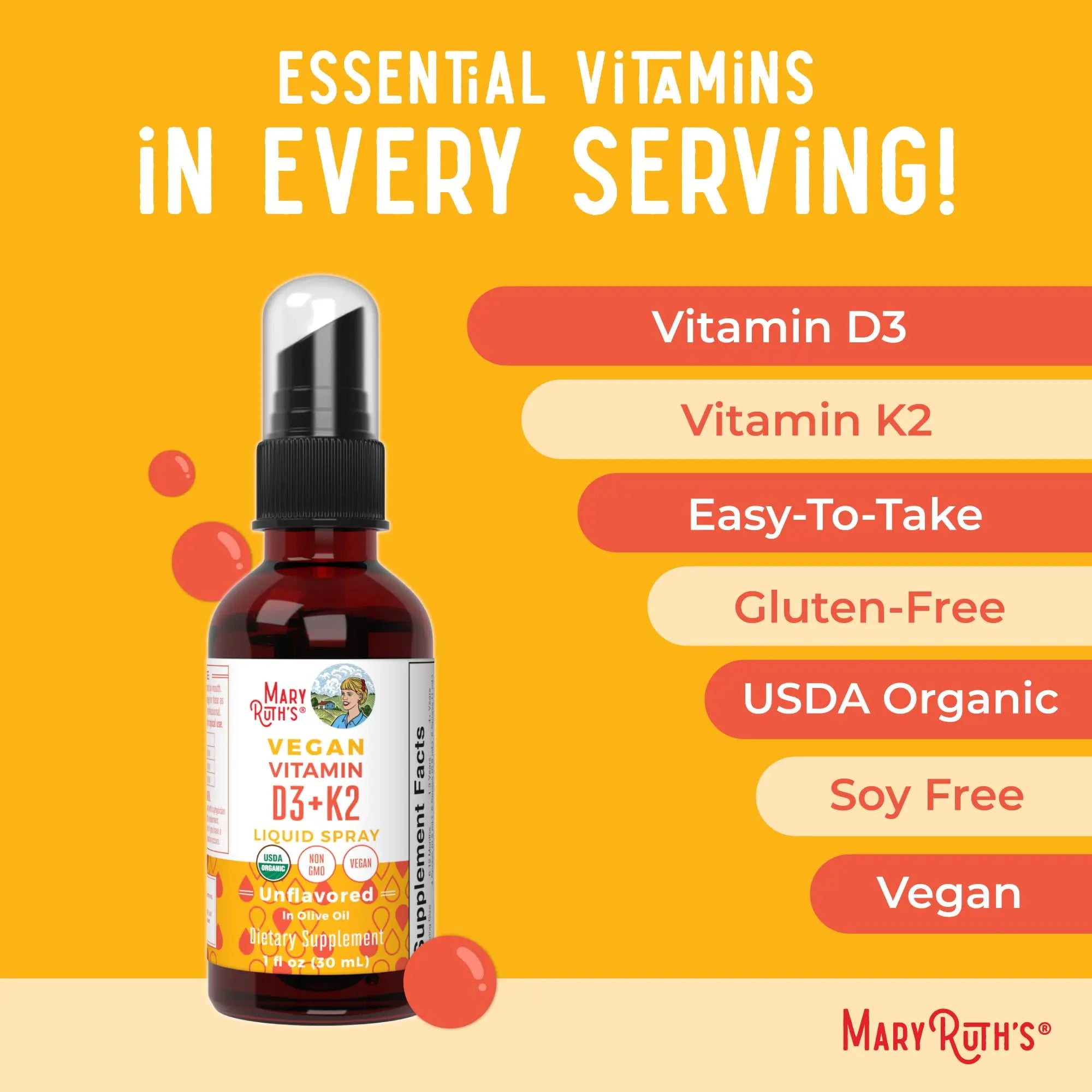 MaryRuth's Organic D3 + K2 Spray for Adults & Kids for Bone Health | Vitamin D3 as Cholecalciferol | Vitamin K2 | Immunity | Mineral Absorption | Heart Health | Vegan | Non-GMO | Gluten Free | 1 Fl Oz MARYRUTH'S Au supplements