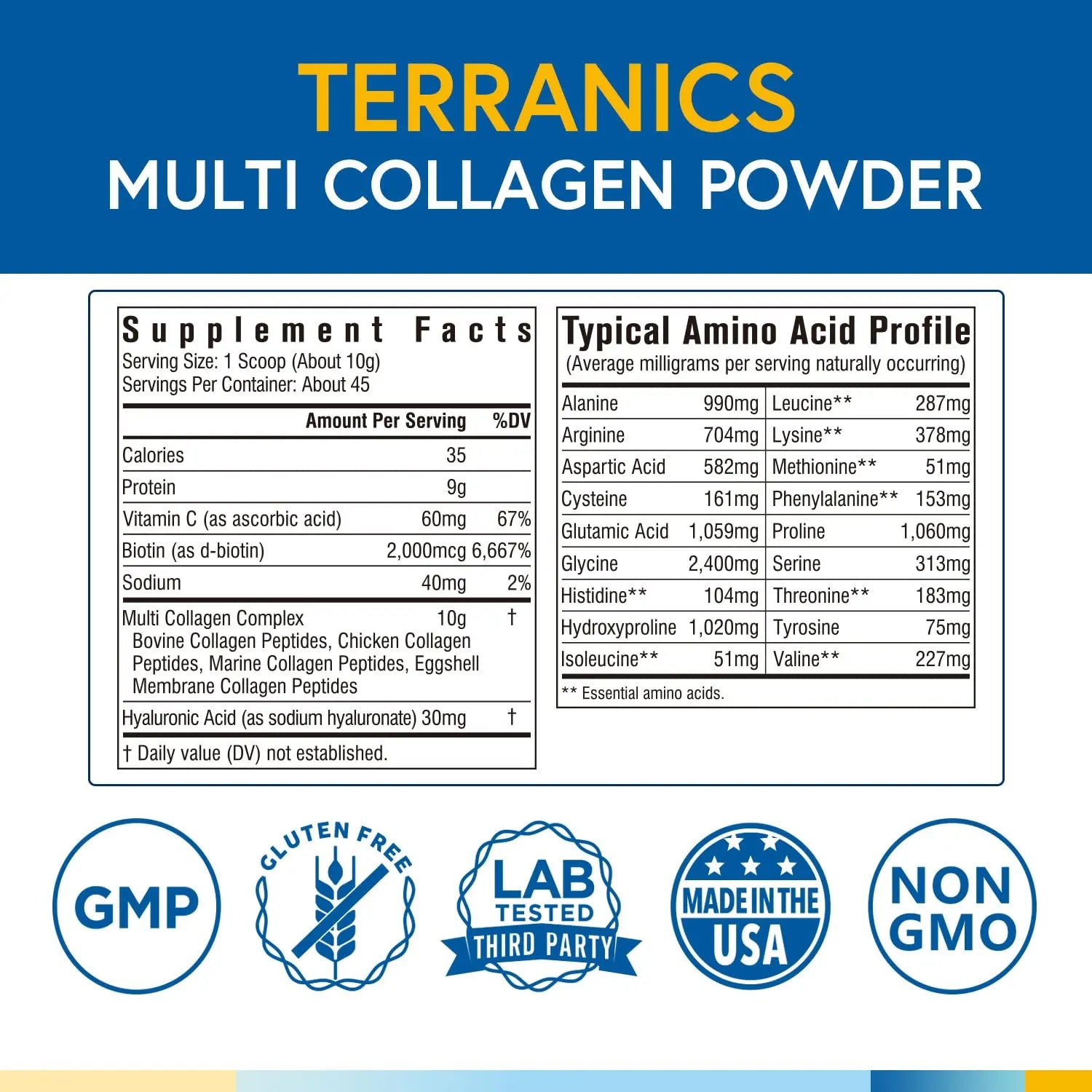 Terranics Multi Collagen Powder Type I II II V X with Biotin VC Hyaluronic Acid, Paleo Terranics Au supplements