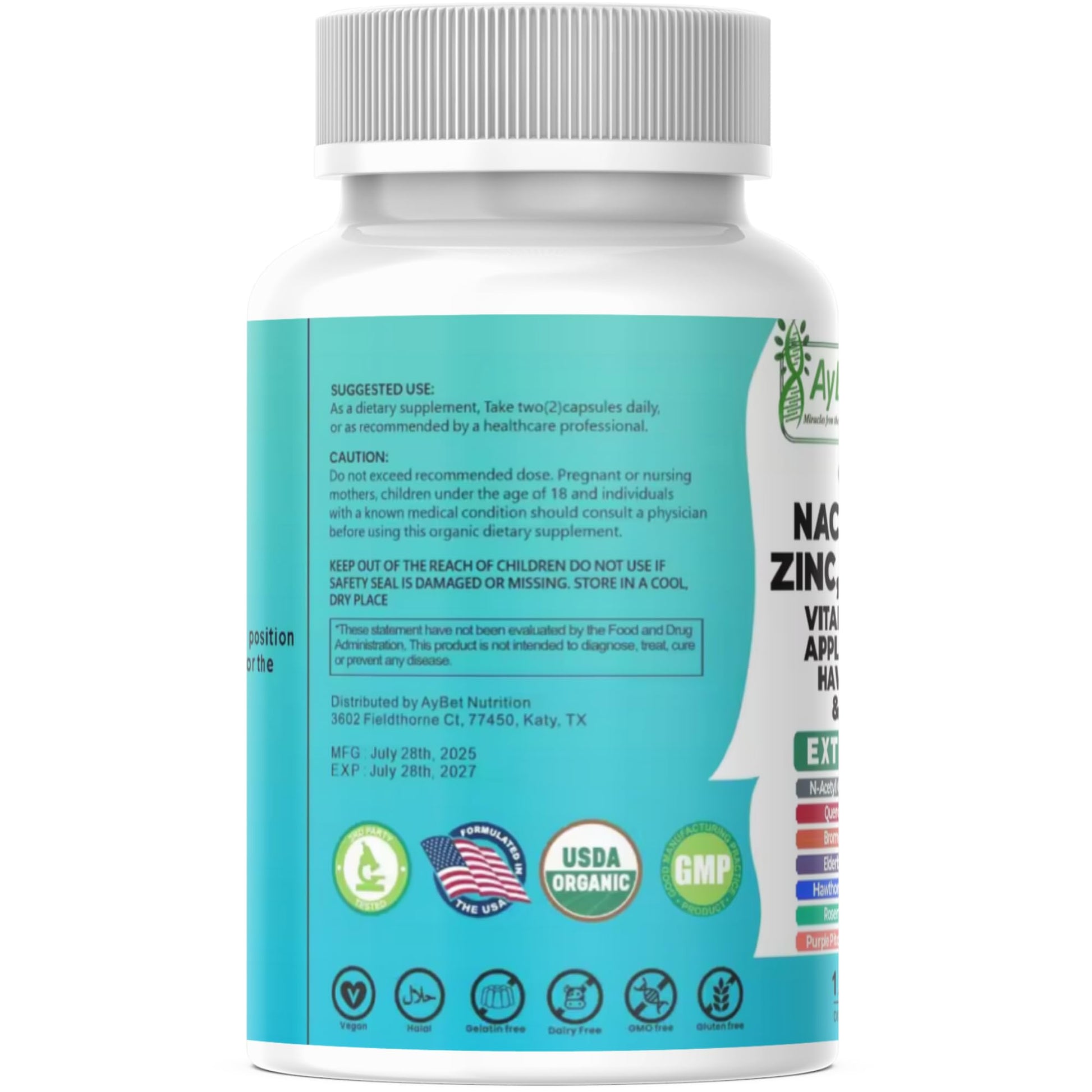 NAC-n-acetyl cysteine- Quercetin Zinc Bromelain Supplement | Extra Strength with Vit C, D3, Apple Cider Vinegar, Elderberry, Hawthorn Berry, Turmeric | Immune Support|120 Vegan Capsules | USDA Organic AyBet Au supplements