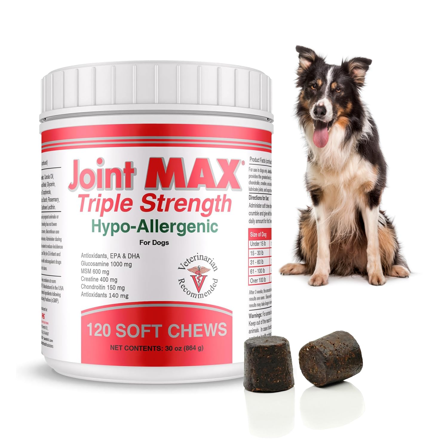 Joint MAX Triple Strength Hypo-Allergenic Soft Chews for Dogs - Hip and Joint Support Supplement with Glucosamine, Chondroitin, & MSM - Made in The USA - 120 Soft Chews Joint Max Au supplements