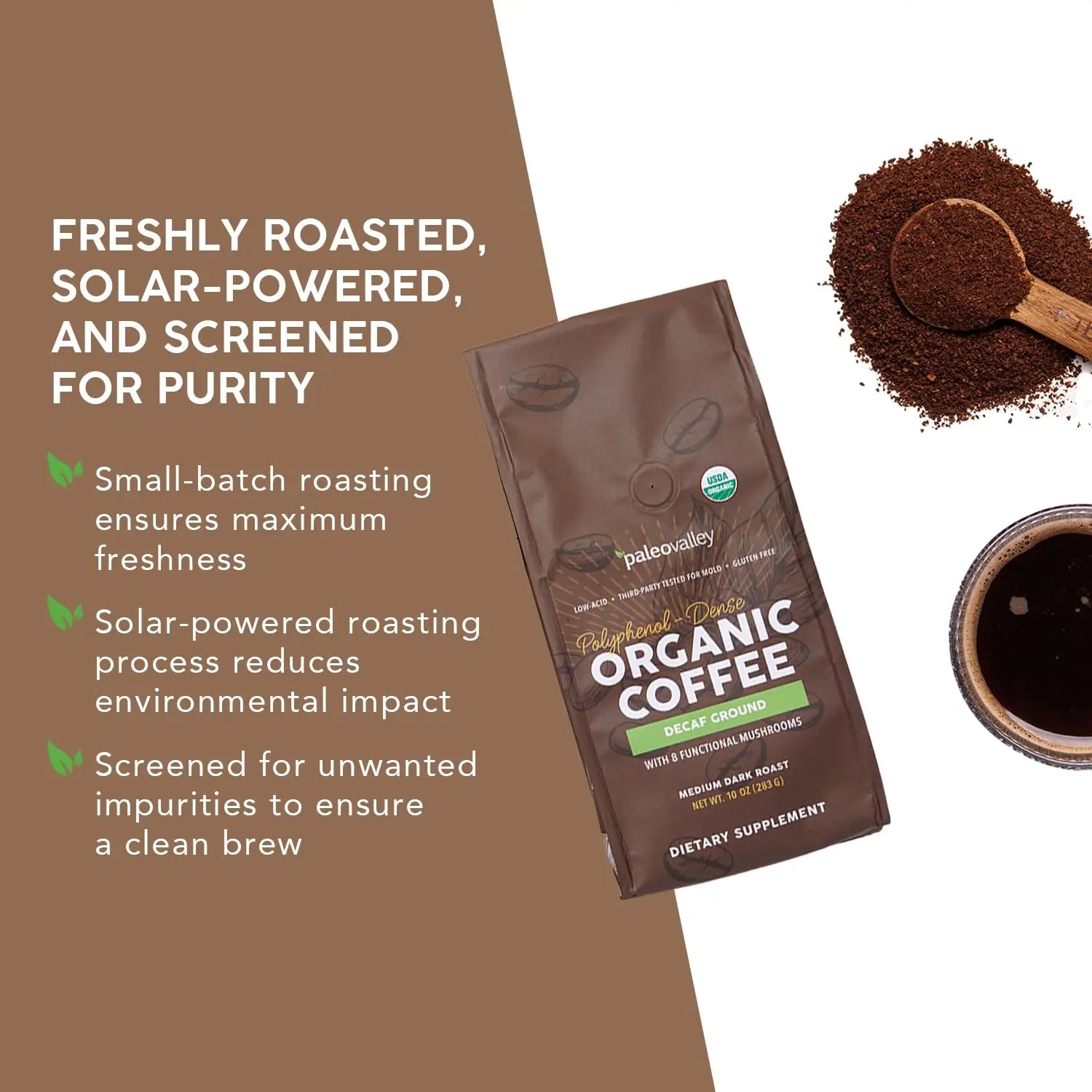 Paleovalley Organic Ground Coffee, 10oz - Decaf, Low Acid, Single-Origin, Polyphenol-Rich, Infused with Mushrooms Paleovalley Au supplements