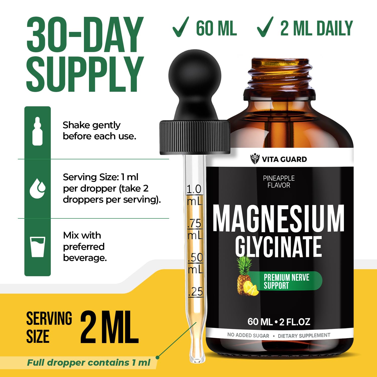 Magnesium Glycinate 500mg Liquid Drops – Sugar-Free Magnesium Supplement, Vegan Formula, 60 mL Flavor Pineapple Vita Guard Au supplements