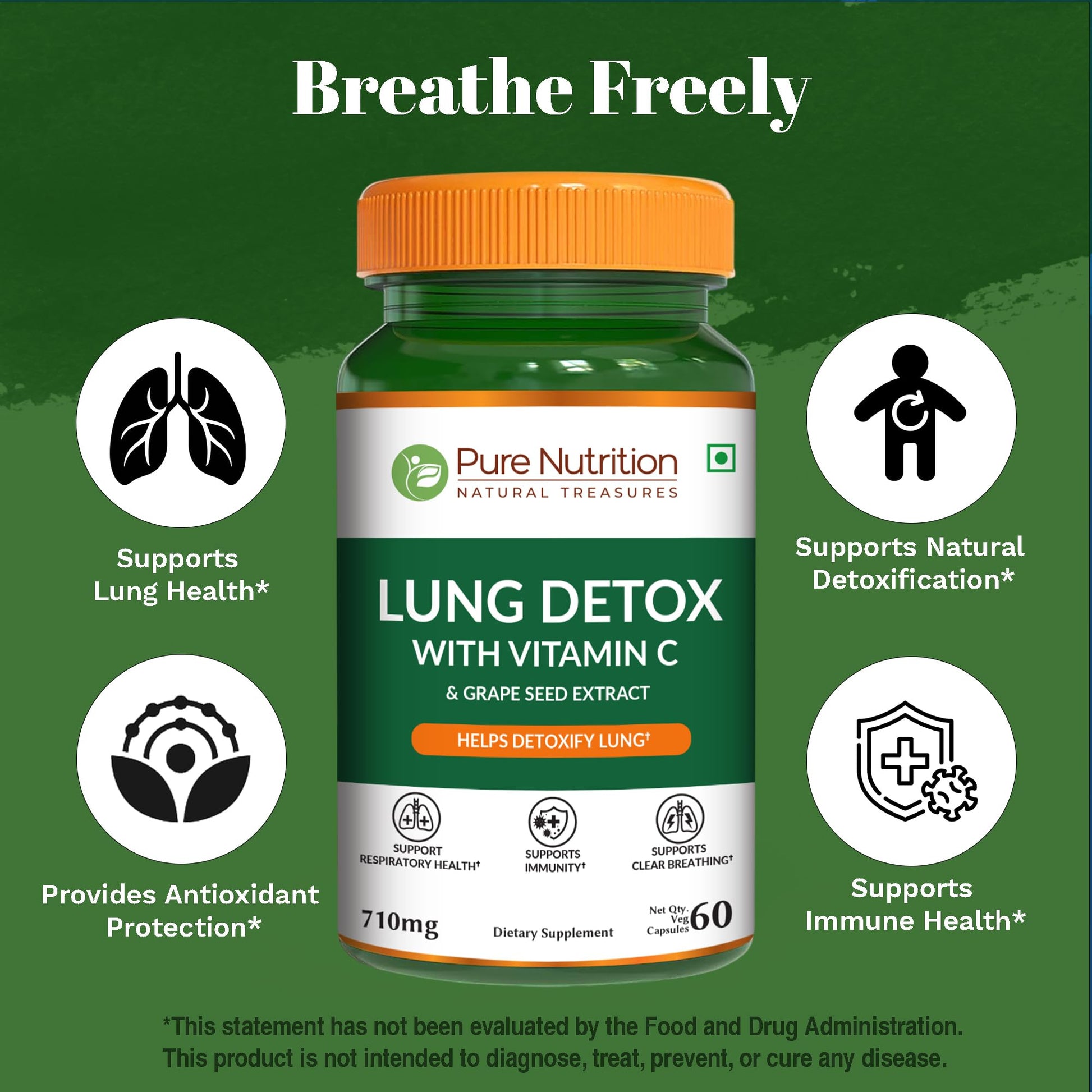 Pure Nutrition Lung Health Supplement | 60 Caps | Herbal Lung Support Formula with Quercetin, Vitamin C, Nettle, Vasaka Leaf, Lotus, Licorice & Ginger. PURE NUTRITION NATURAL TREASURES Au supplements