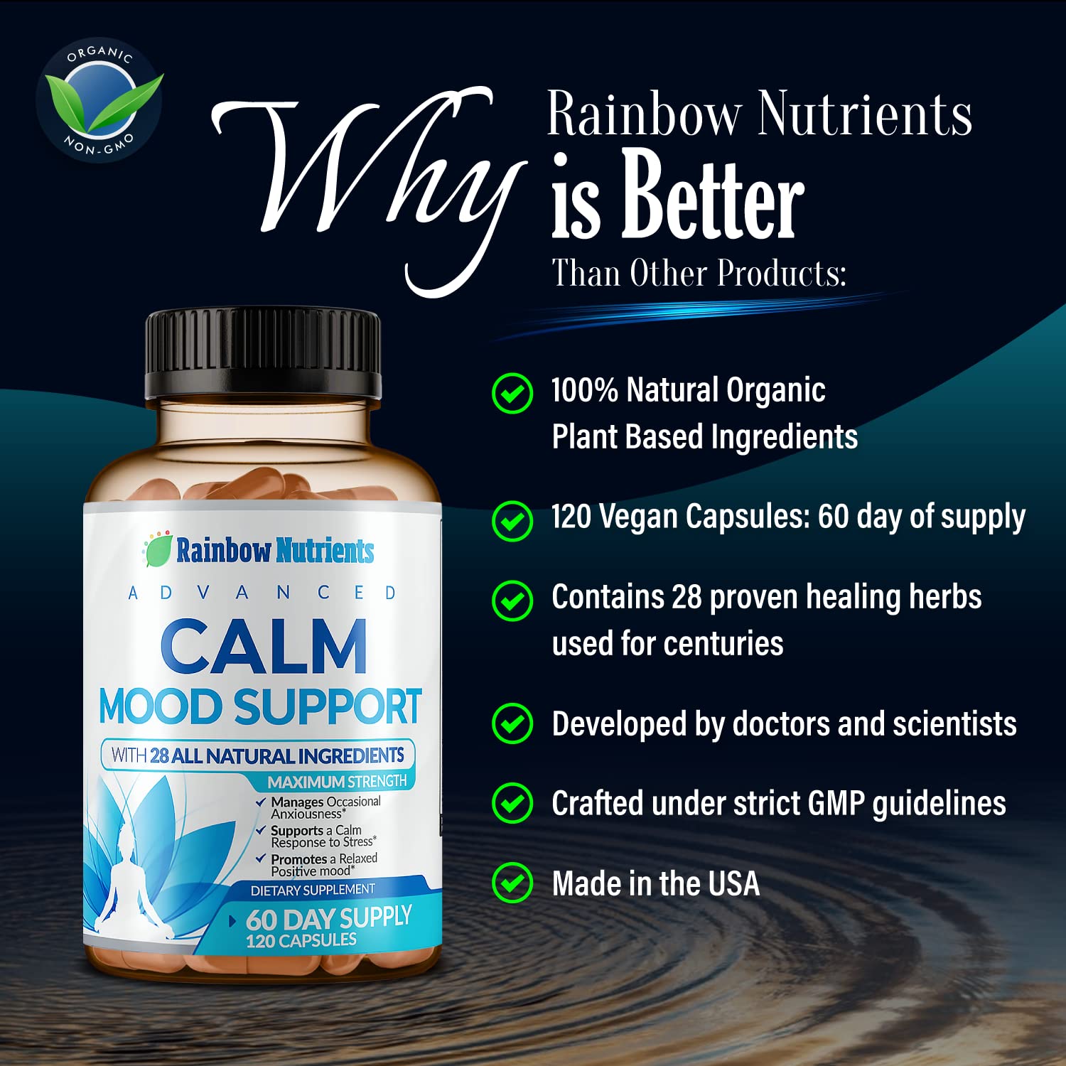 28 in 1 Calm Mood Support Supplement- Natural Happy Pills for Occasional Anxiousness & Stress, Worry feelings, Relaxation, Mental Clarity | Max Sleep & Mood Support for Women & Men|120 Vegan Capsules Rainbow Nutrients, LLC Au supplements