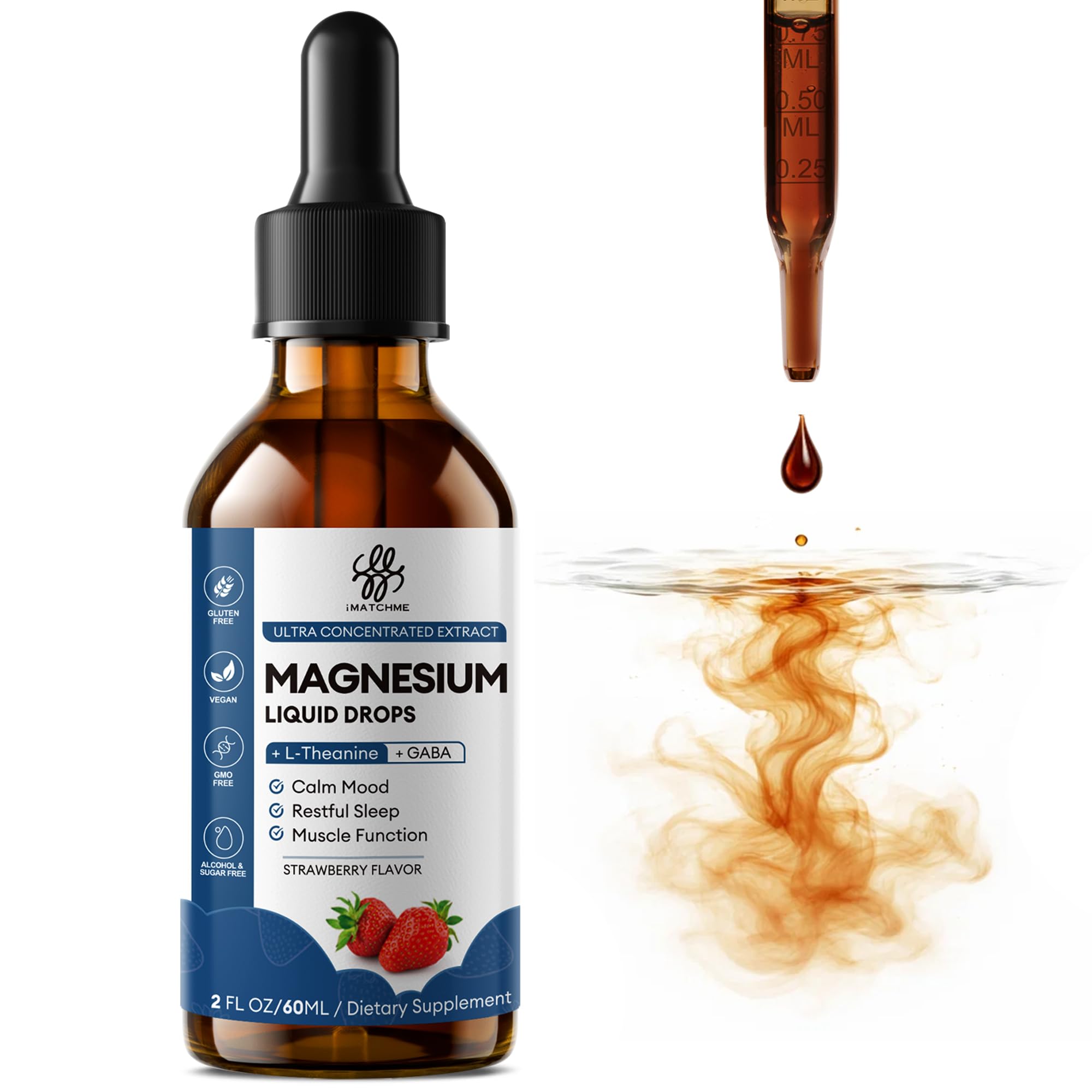 Liquid Magnesium Glycinate Drops for Nighttime Sleep & Calm Support, Triple Chelated Magnesium Complex with L-Theanine & GABA, Pre-Dissolved Liquid for Gentle Absorption, Strawberry Flavor, 2 Fl Oz iMATCHME Au supplements