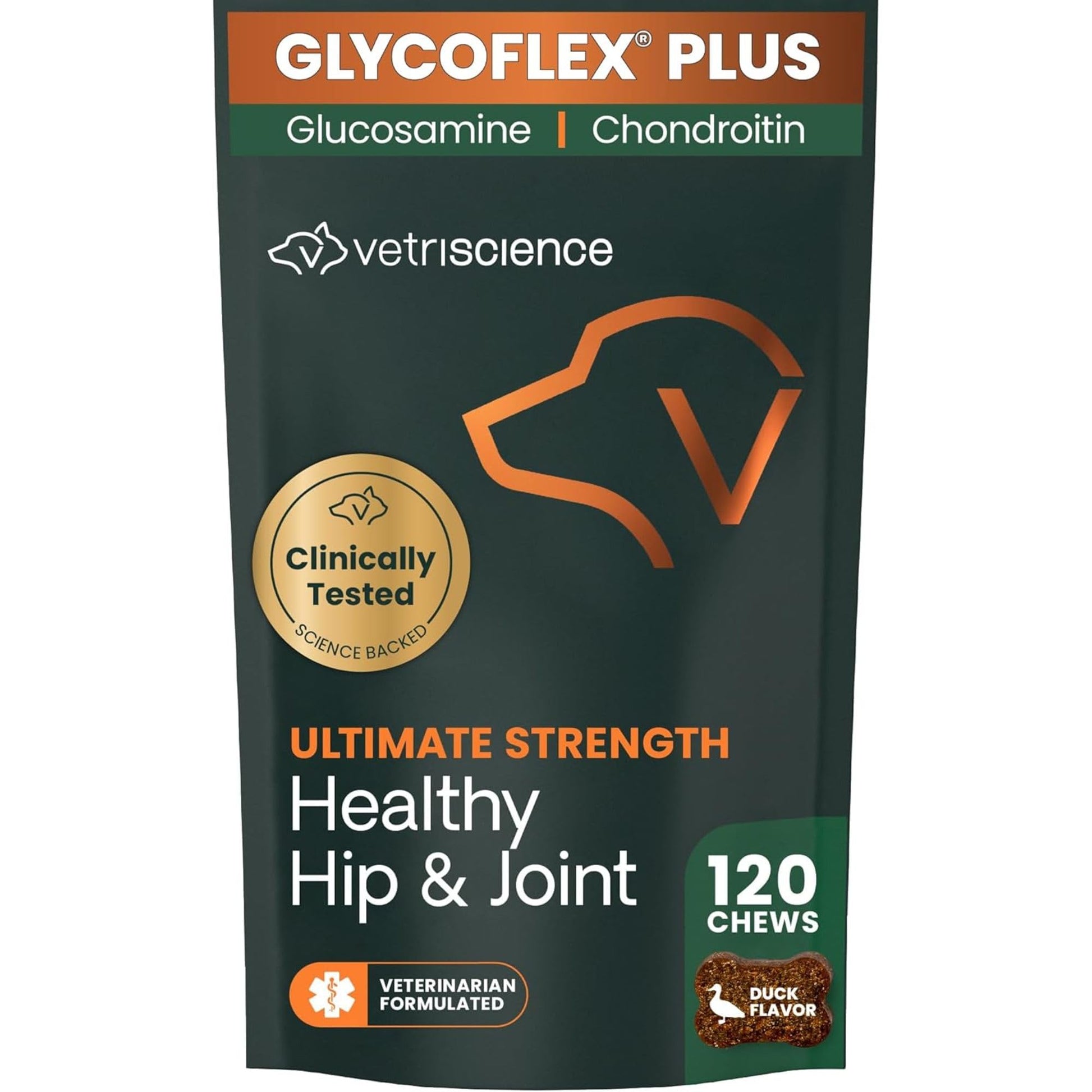 VetriScience Ultimate Strength Healthy Hip & Joint Chews, GlycoFlex Glucosamine, Chondroitin and Green-Lipped Mussel Joint Support Supplement for Dogs, Soothe Joint Discomfort, Duck, 120 Count VETRISCIENCE Au supplements