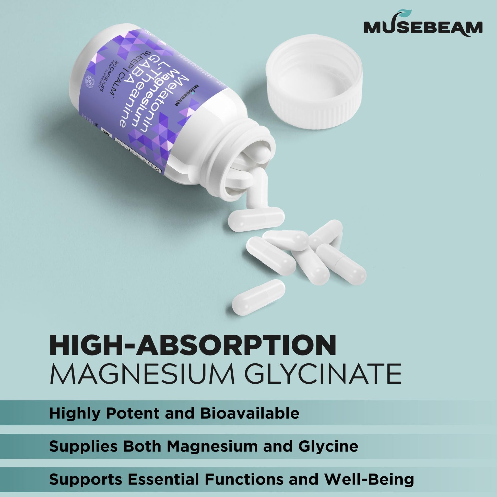 MuseBeam Magnesium Glycinate 275mg Melatonin 5mg L-Theanine 200mg GABA 100mg Capsules - Full Rest Nighttime Bedtime Support Supplement for Men Women - Vegan Sugar-Free Gluten-Free musebeam Au supplements