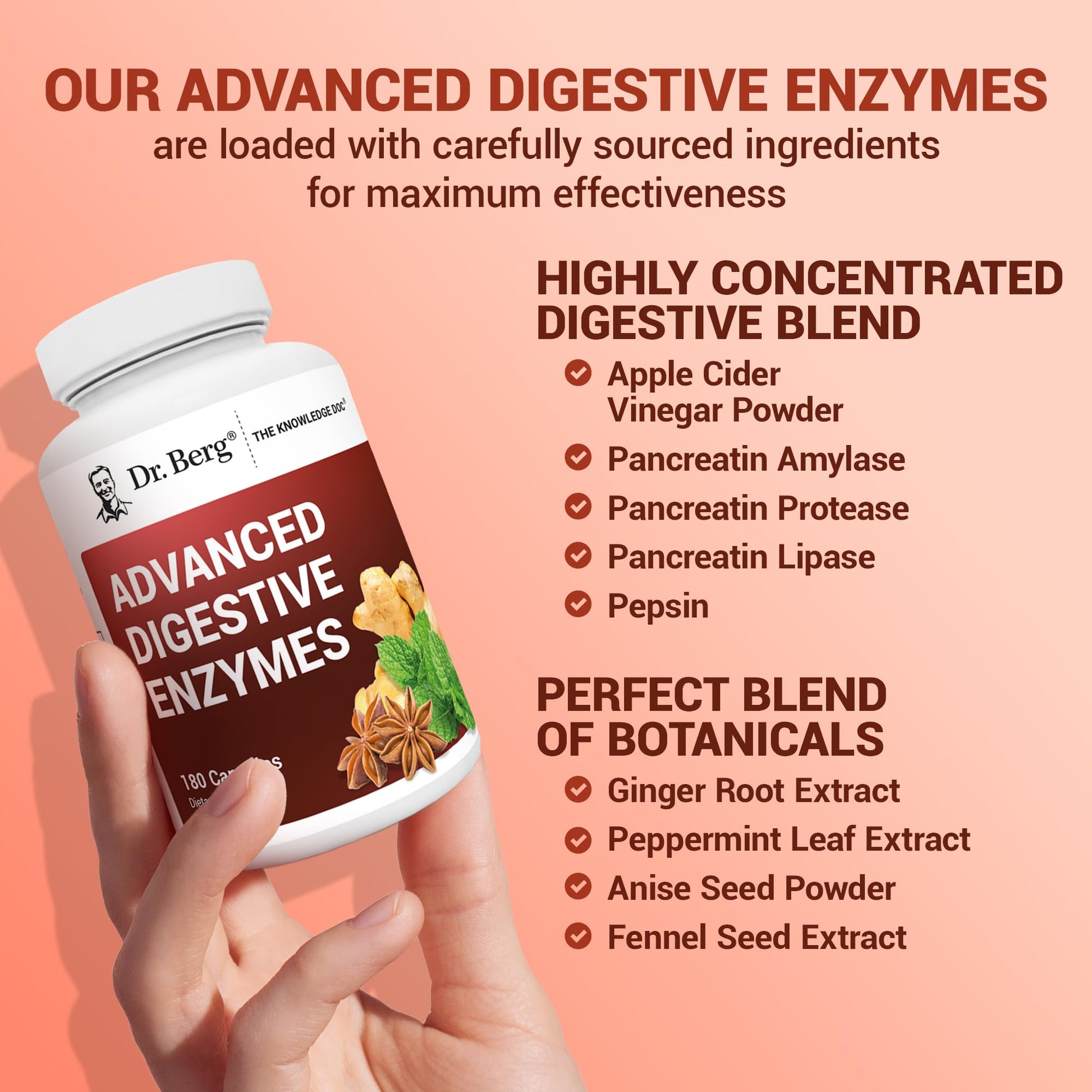 Dr. Berg Advanced Digestive Enzymes with Apple Cider Vinegar - Includes Digestive Health Ingredients Like Betaine Hydrochloride (HCI), Ginger Root & Peppermint Leaf - 180 Capsules Dr. Berg Nutritionals Au supplements