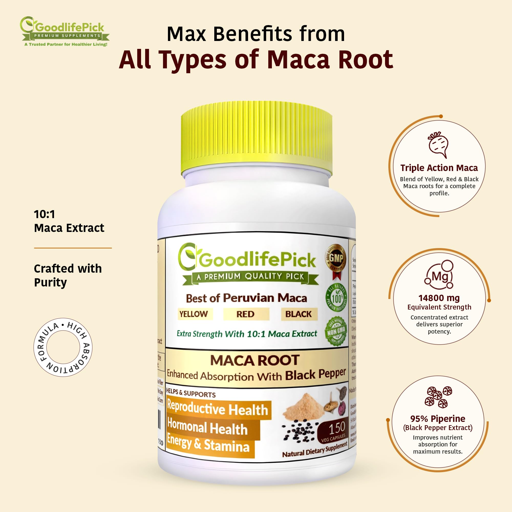 Peruvian Maca Root Capsules 150 ct. Powerful Maca Blend of Yellow Red & Black Maca Root with Black Pepper. All Natural NonGMO Vegan No Stearate No Rice Powder No Silica No Filler GoodlifePick Au supplements