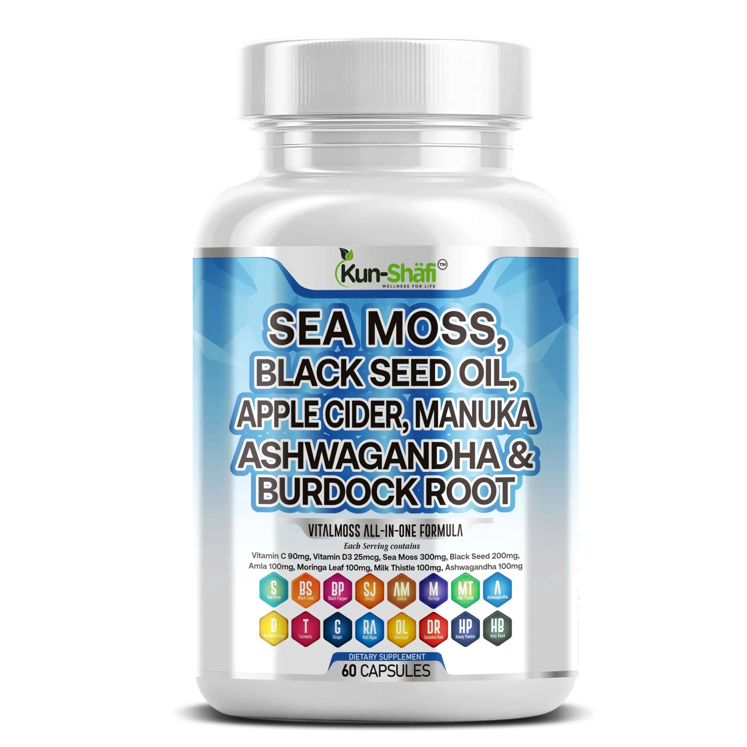 Kun Shafi Sea Moss Complex – with Black Seed Oil, Shilajit, Amla, Moringa, Turmeric, Ashwagandha & Burdock – Enriched with Vitamin C, D3, Chlorophyll, Manuka & Ginger – 60 Capsules Kun Shafi Au supplements