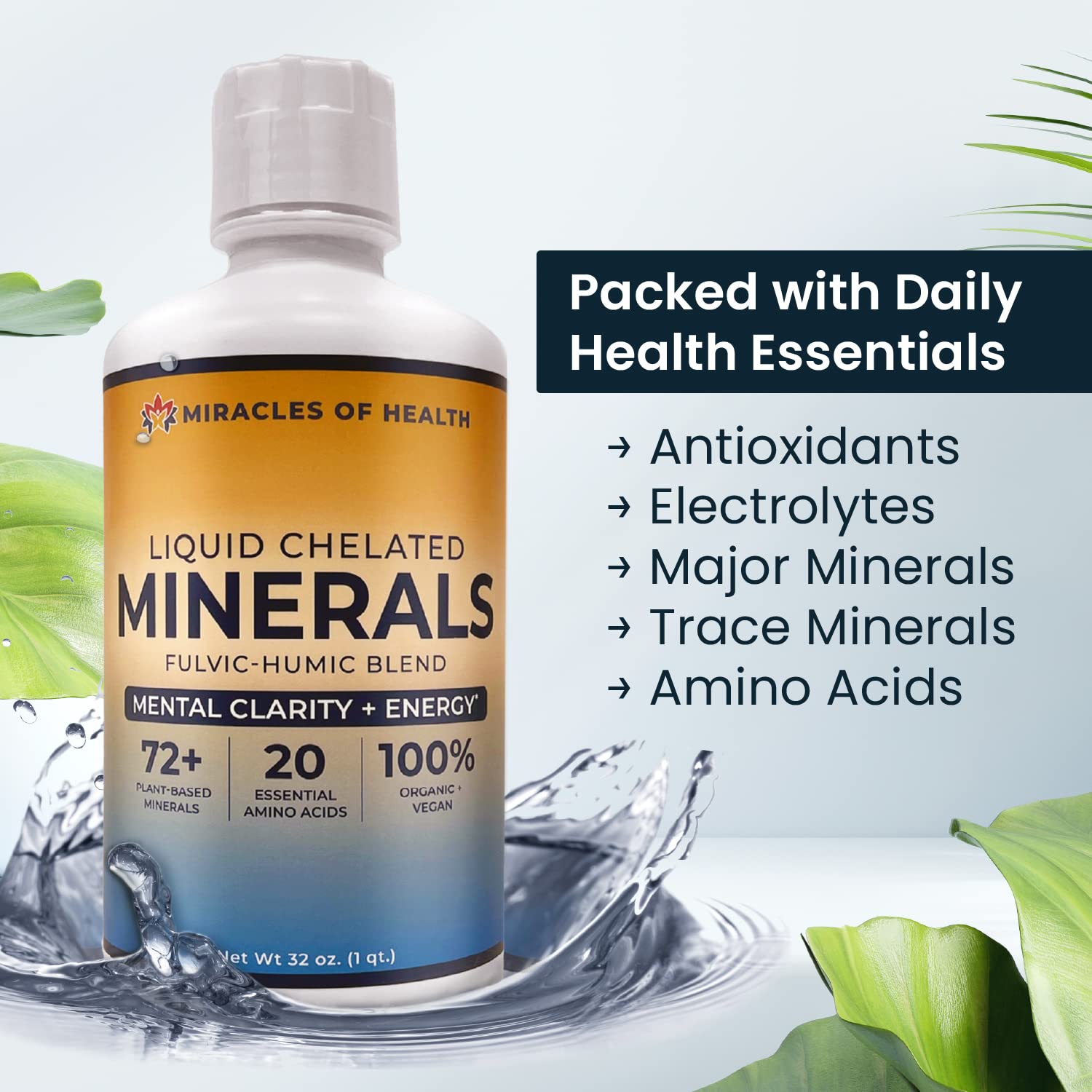 Miracles of Health Liquid Chelated Minerals - Organic Humic Fulvic Mineral Blend - 72+ Plant-Based Minerals, 20 Essential Amino Acids - 100% Natural - 1 Month Supply, 32 fl. oz Miracles of Health Au supplements