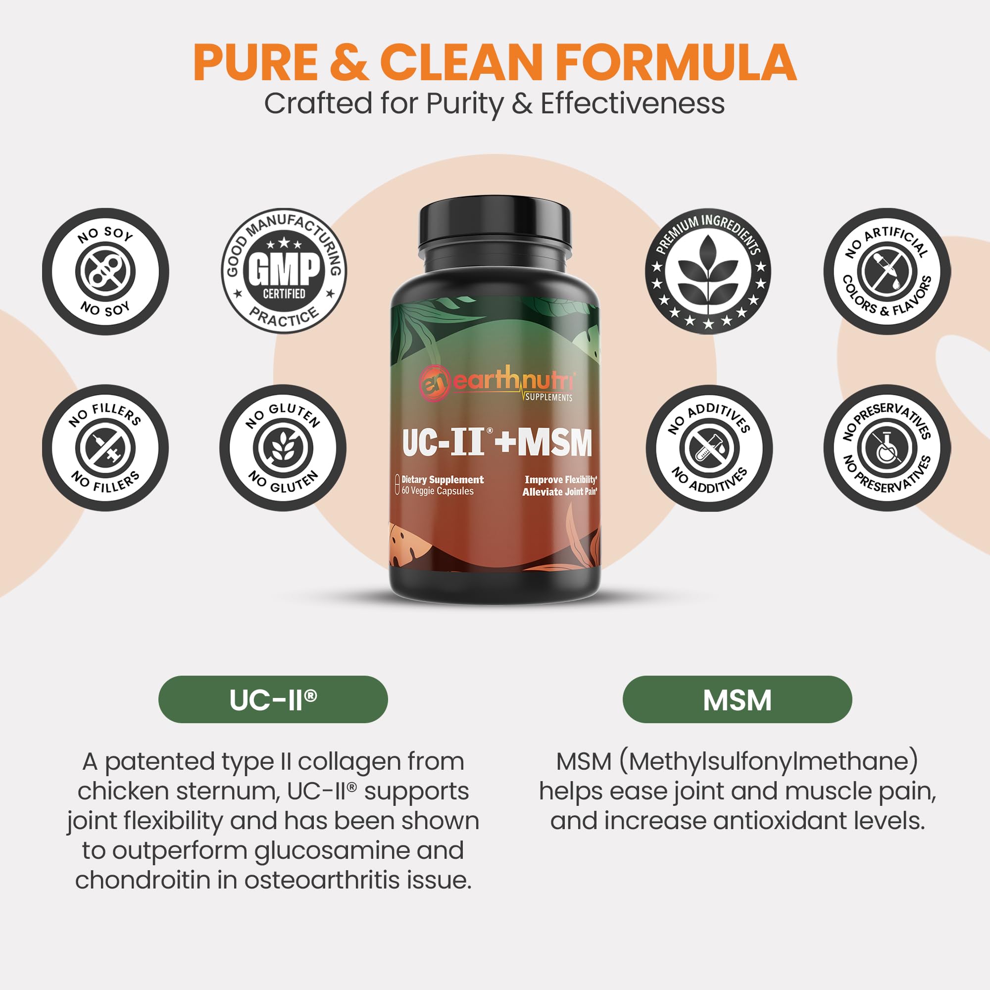 EarthNutri UC-II Collagen & MSM Supplement for Bone Health and Joint Flexibility Joint Supplement - 40mg UC-II Providing 10mg Total Collagen & 1000mg MSM - 60 Capsules (2 Caps Daily) EarthNutri Au supplements