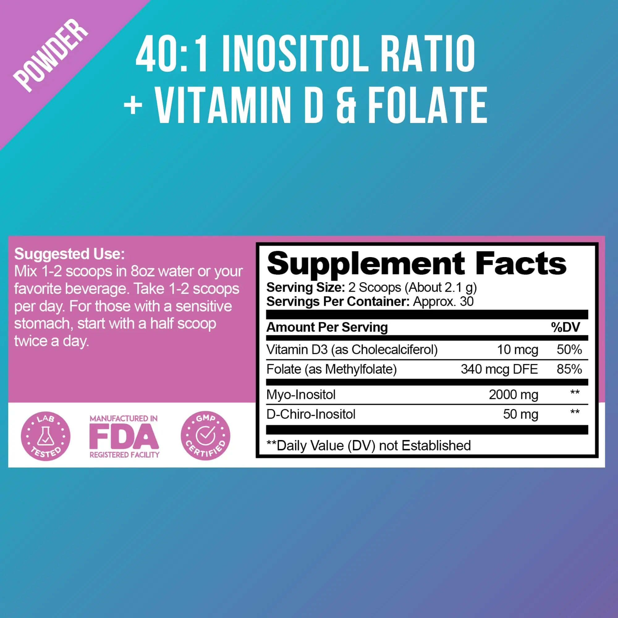 Premium Inositol Supplement - Myo-Inositol and D-Chiro Inositol Powder Plus Folate Optify Au supplements