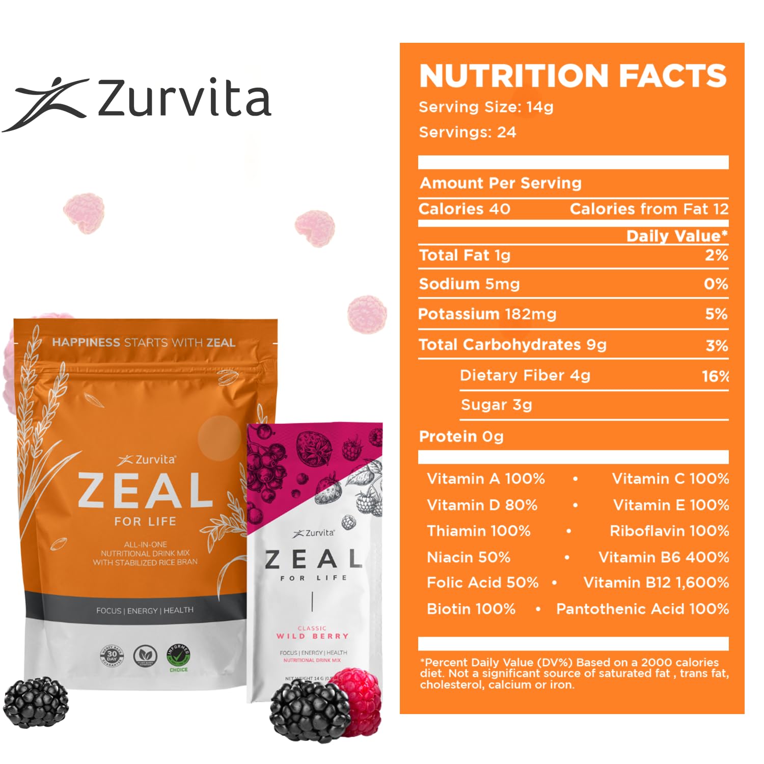 Zurvita - Zeal for Life Wellness Drink Mix - Wild Berry (Classic) Flavor - Gluten-Free, Vegan, with Vitamins and Minerals - 10 Single Packets Zurvita Au supplements